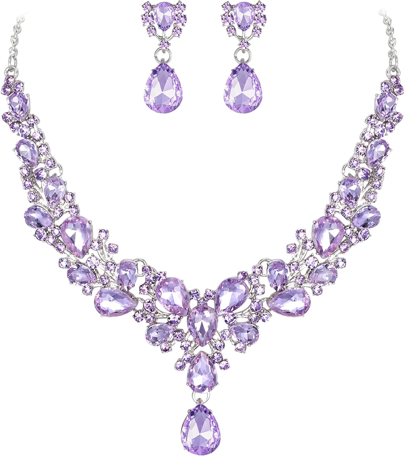 EVER FAITH Austrian Crystal Bridal Bridesmaid Jewelry Set, Elegant Flower Cluster Water Drop Statement Necklace Dangle Earrings Set for Women
