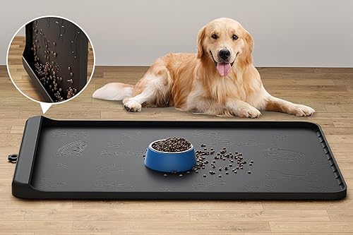 Tapete para Comida de Perro - Tapete de Silicona para Perros para Comida y Agua - 36" x 24" Tapetes Grandes de Alimentación para Mascotas con Azul