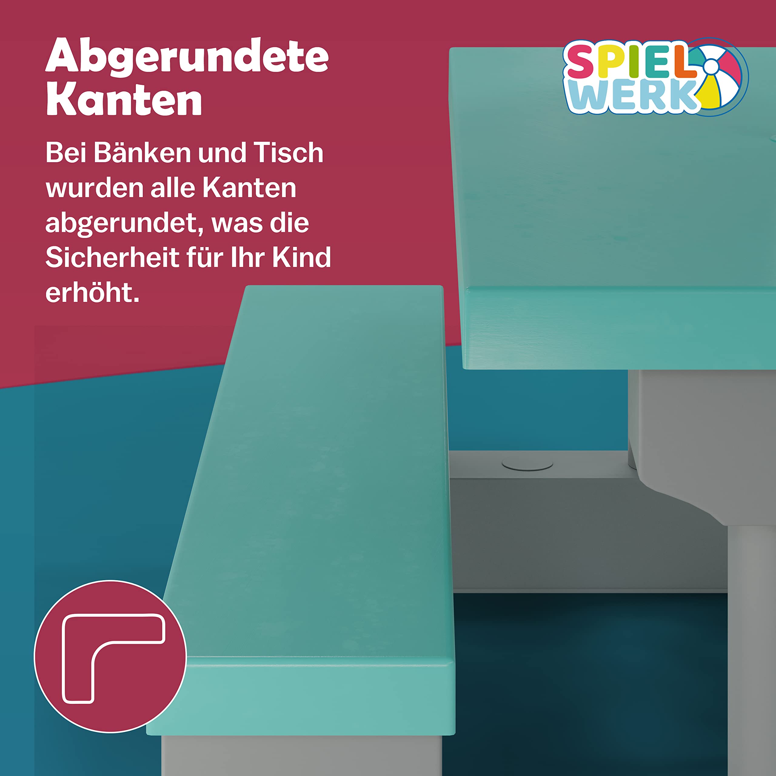Spielwerk® Kindersitzgruppe Sonnenschirm UV Schutz Stecksystem Waschbar ABS Kunststoff Wetterfest Mint Outdoor Picknicktisch Kindertisch Gartenmöbel
