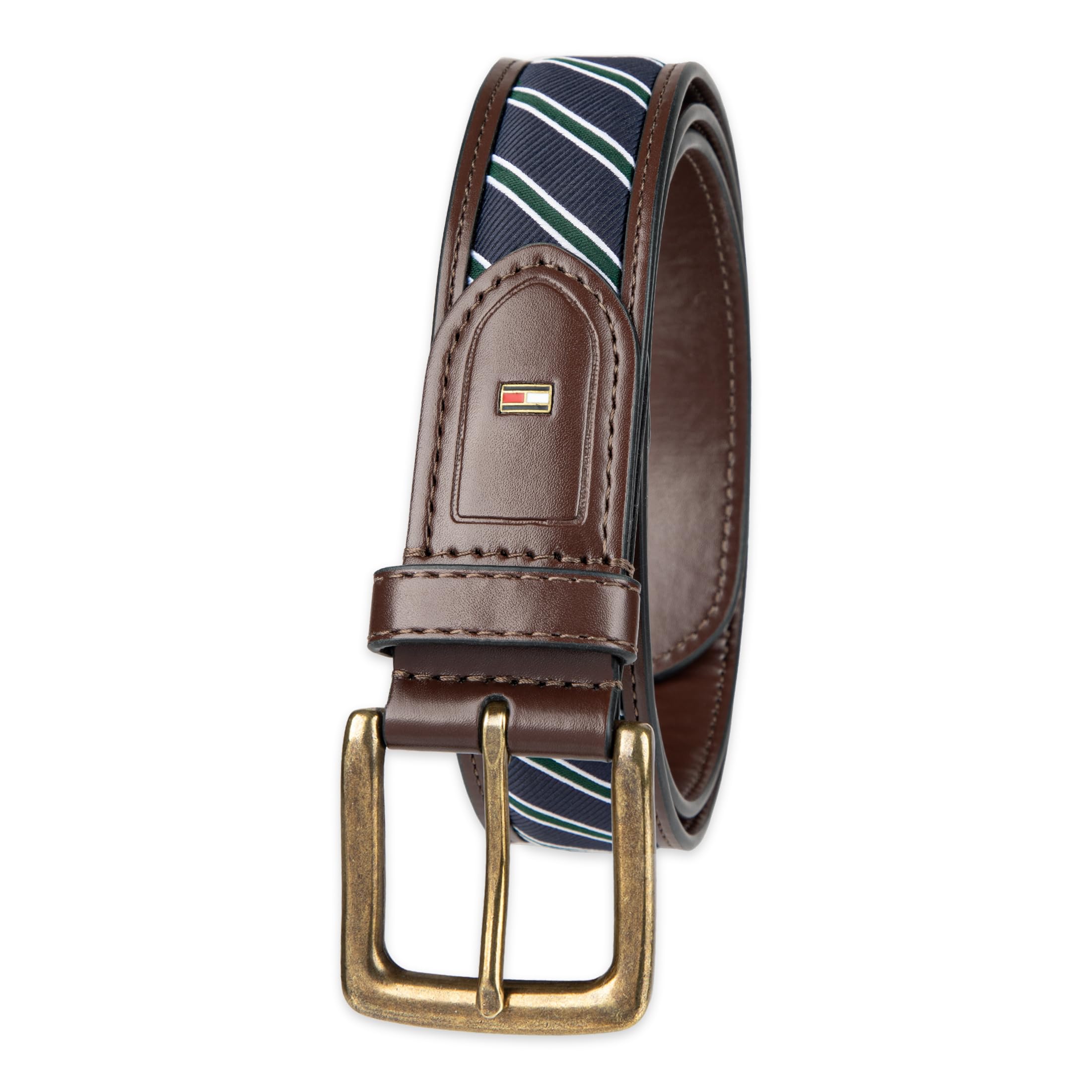 Tommy Hilfiger Men's Fabric Inlay Casual Belt with Classic Harness Buckle, Brown Stripe, Small (30-32)