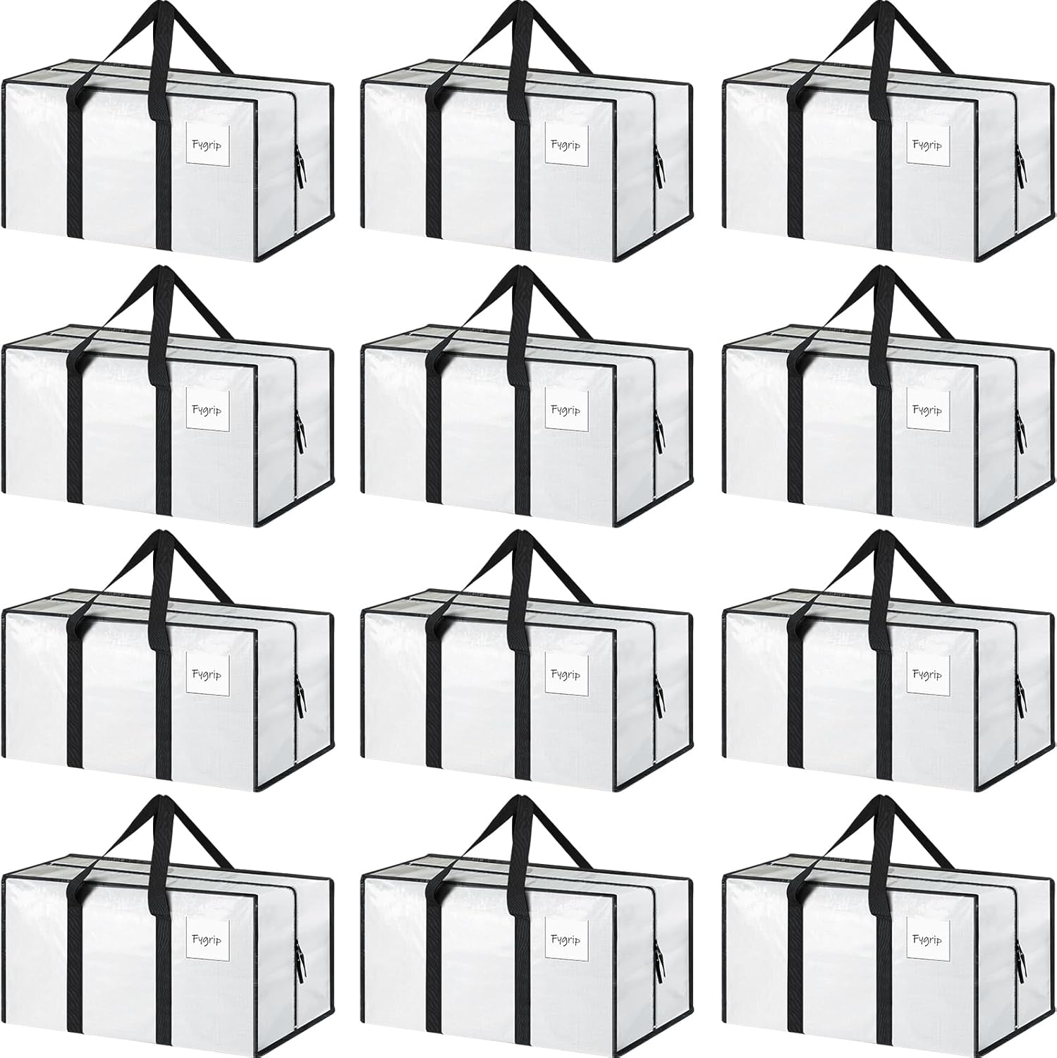 12 Pack Extra Heavy Duty Large Moving Bags with Strong Zipper & Comfortable Handles, Sturdy & Durable Clothes Storage Bags Totes Bins, Packing Moving Boxes for College Supplies, White White 12 Pack