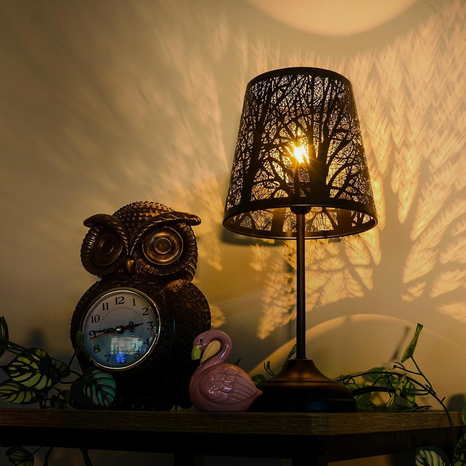 14.2" Forest Pattern Table Lamp, Modern Bedside Nightstand Light with Warm LED, Black Metal Shade, for Bedroom, Living Room, Office, Desk, Ambient Lighting