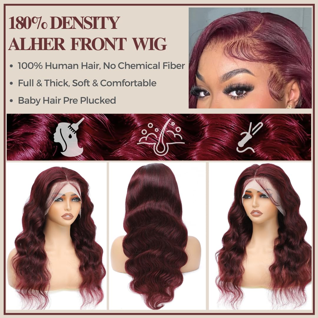 ALHER 99J Dark Burgundy HD Lace Front Wigs Human Hair 26 Inch, 12A Purplish Wine Red 13x4 Body Wave Lace Front Wigs Pre Plucked Ear to Ear, 100% Unprocessed Virgin Remy Hair for Women 180% Density