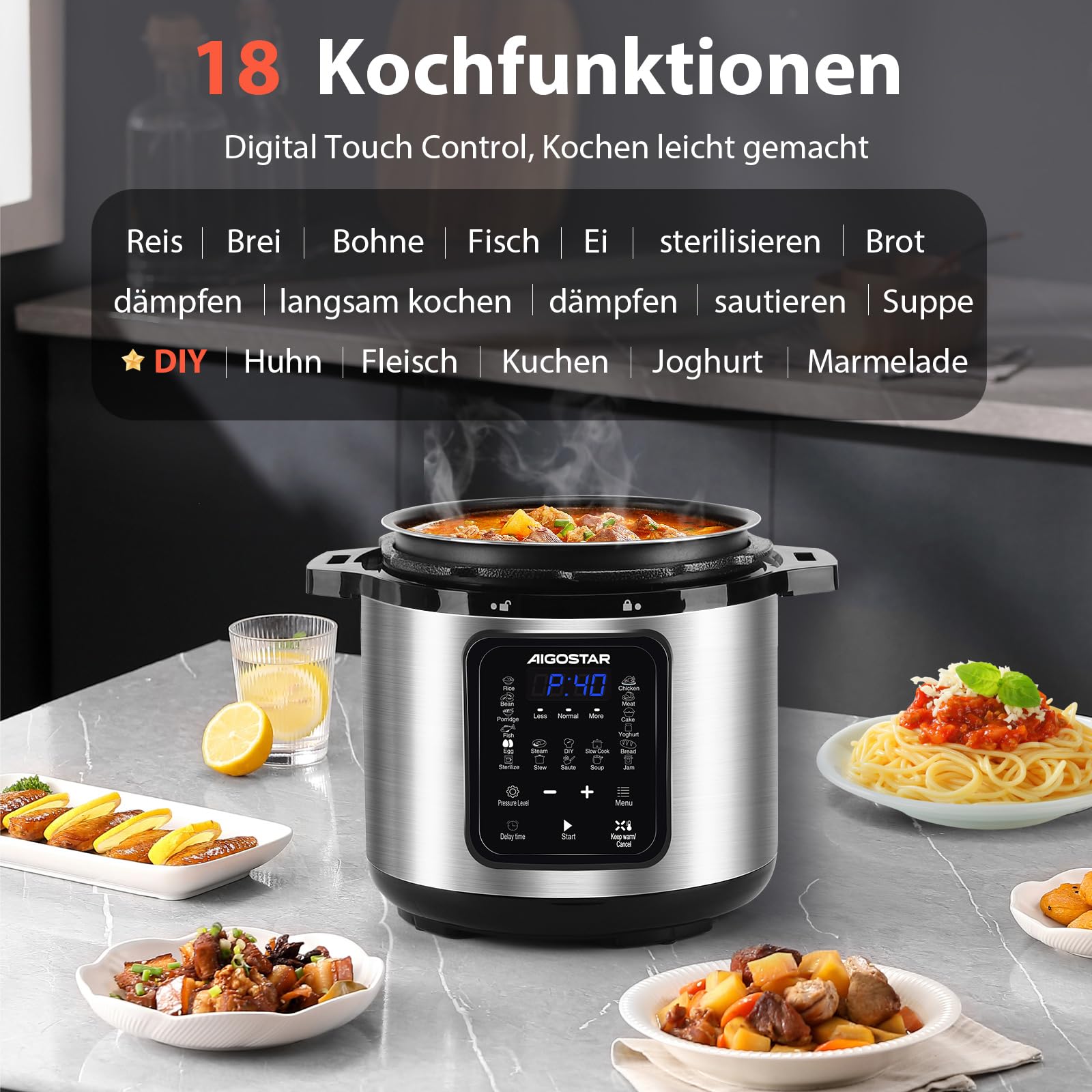 Aigostar Schnellkochtopf 6l, 18-in-1 Multikocher, Antihaft, leichte Reinigung, 1000 W Pressure Cooker, Rice Cooker, Slow Cooker, Dampfgarer, Joghurtbereiter, Speisewärmer inkl. farbigem Rezeptbuch