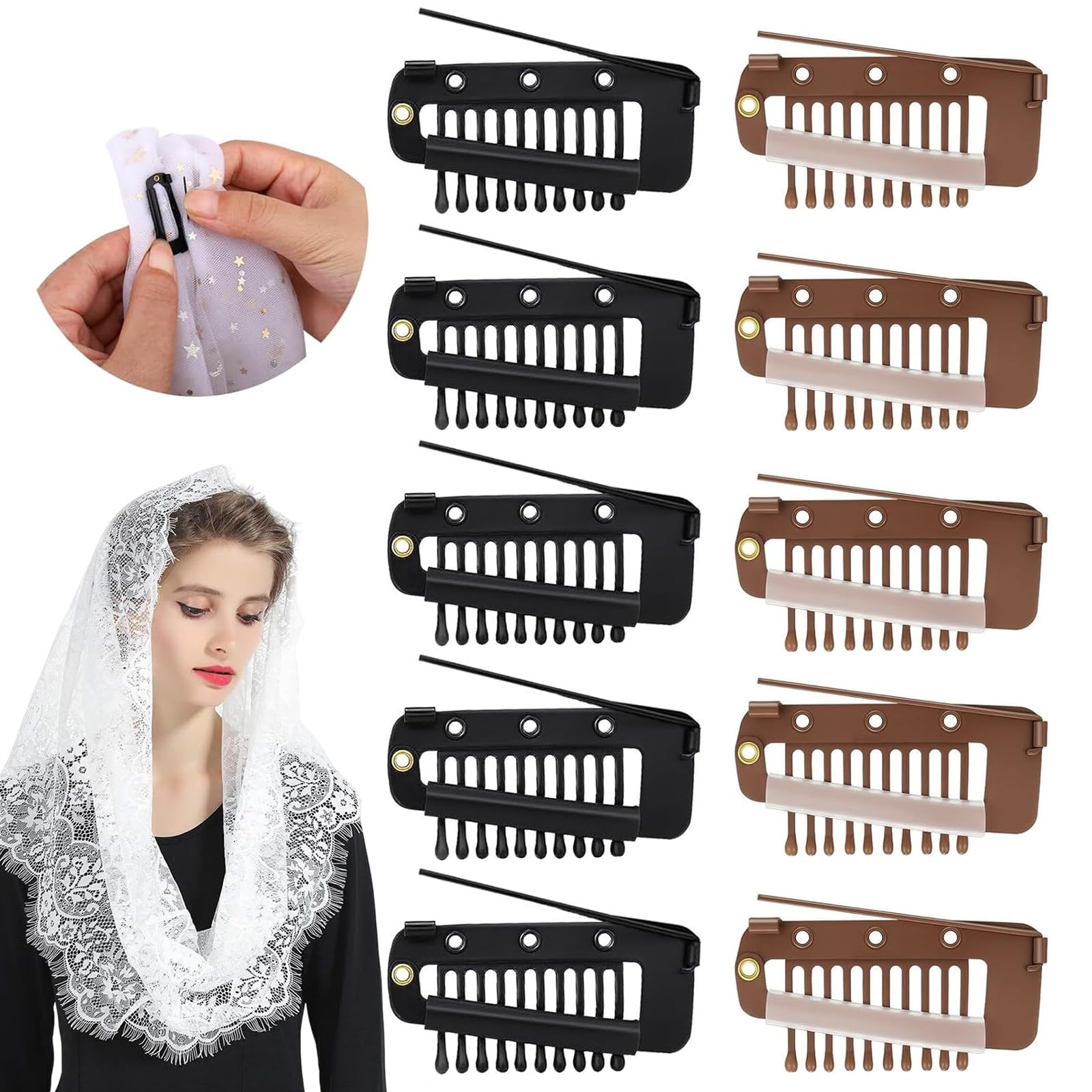 10PCS Chunni Dupatta Clips with Safety Pin, 10-Teeth Strong Chunni Grip Hair Extension Clips Dupatta for Women Indian Style Wig Headscarf Hijab Tikka Setting (Black+Brown)