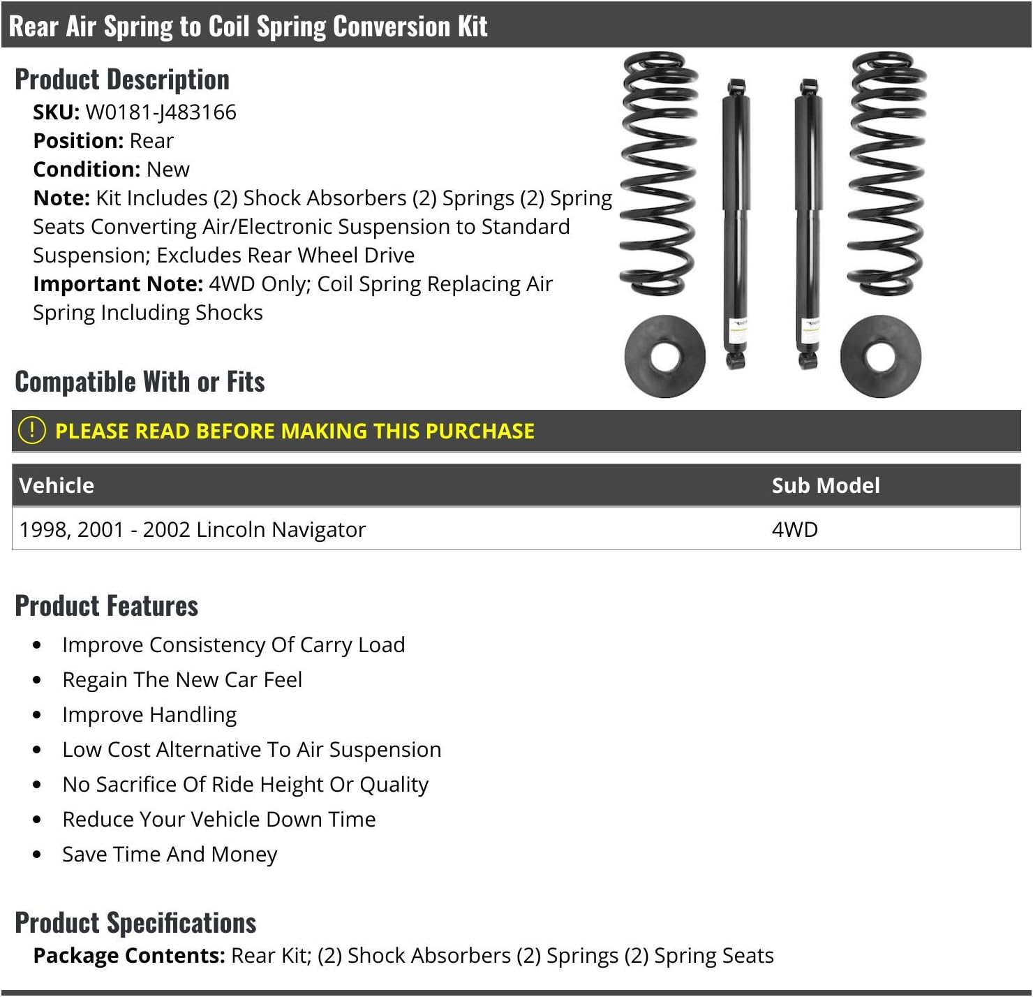 Rear Air Spring to Coil Spring Conversion Kit - 6 Piece - Compatible with 1998, 2001-2002 Lincoln Navigator 4WD (Excludes Rear Wheel Drive)