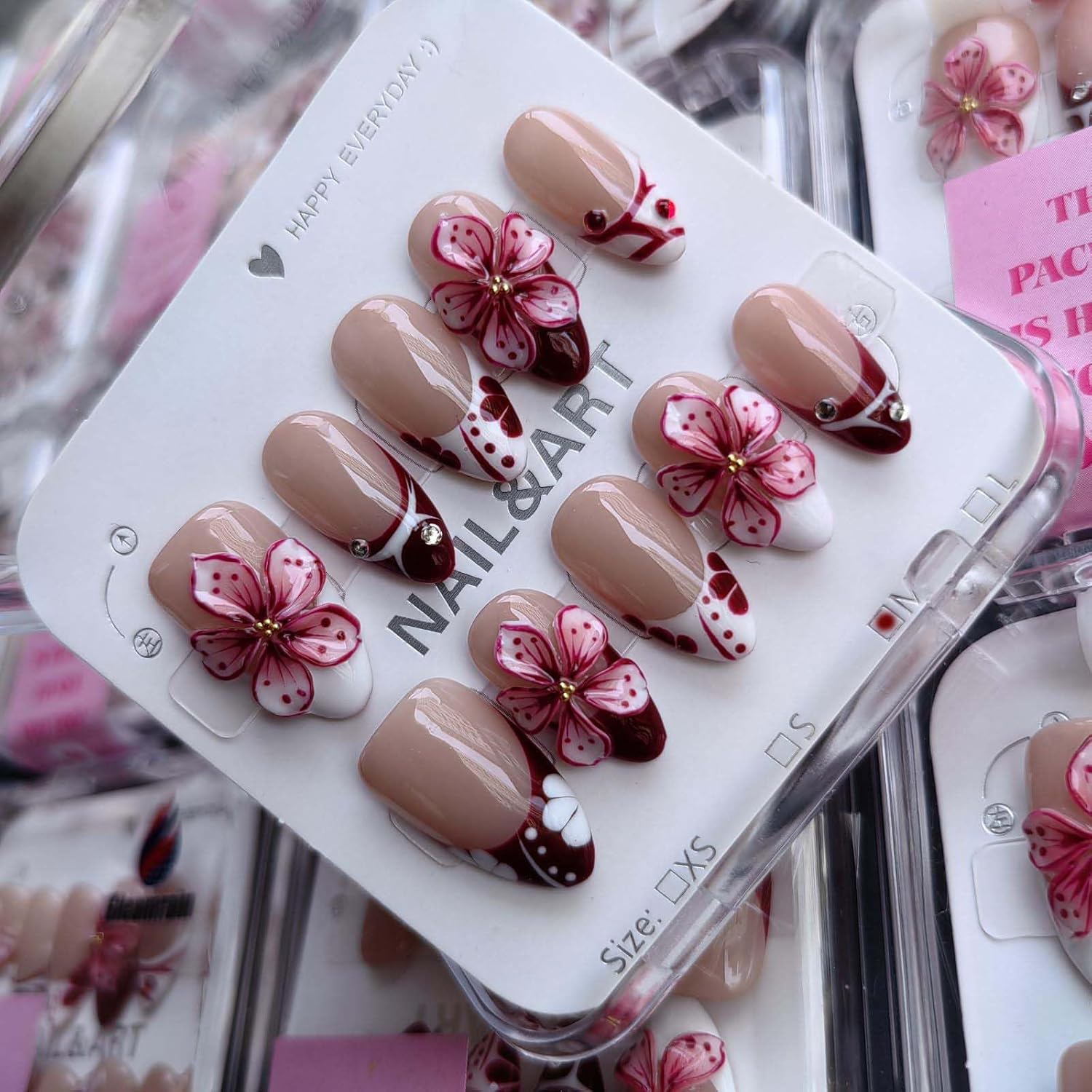 Luxury Professional Manicurist Handmade Nails Press Ons Almond Shape Short Press on Nails with French Tip and 3d Flower Design Nude Base Spring and Daily Use for Women 10pcs Pattern 25