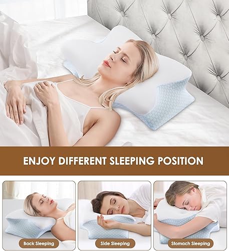 Miniatura 4 de Almohada cervical de espuma viscoelástica para cuello y hombros, almohada cervical ergonómica de contorno para dormir con 2 alturas, almohadas