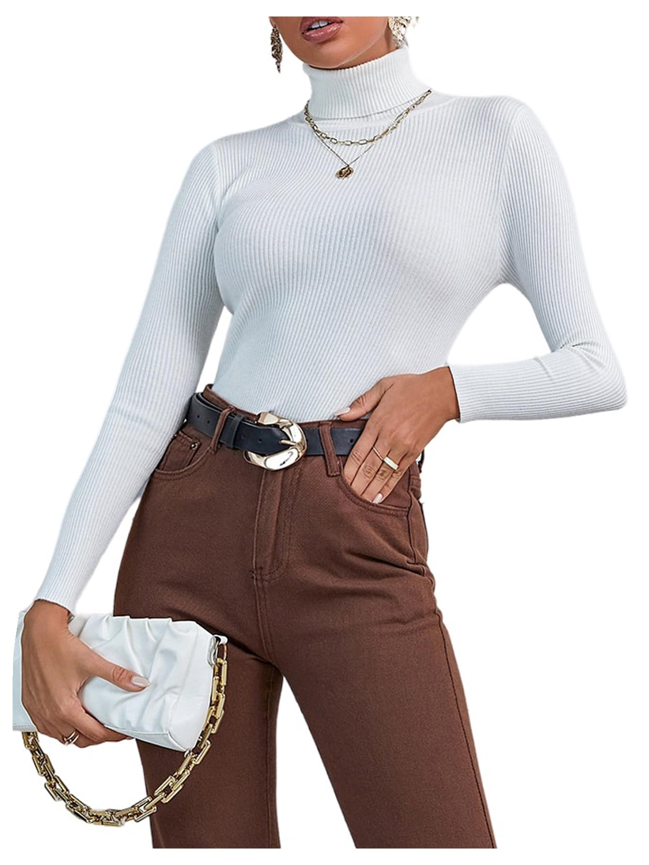 WDIRARA Womens High Neck Ribbed Knit Sweaters Long Sleeve Fitted Pullover Casual Tops
