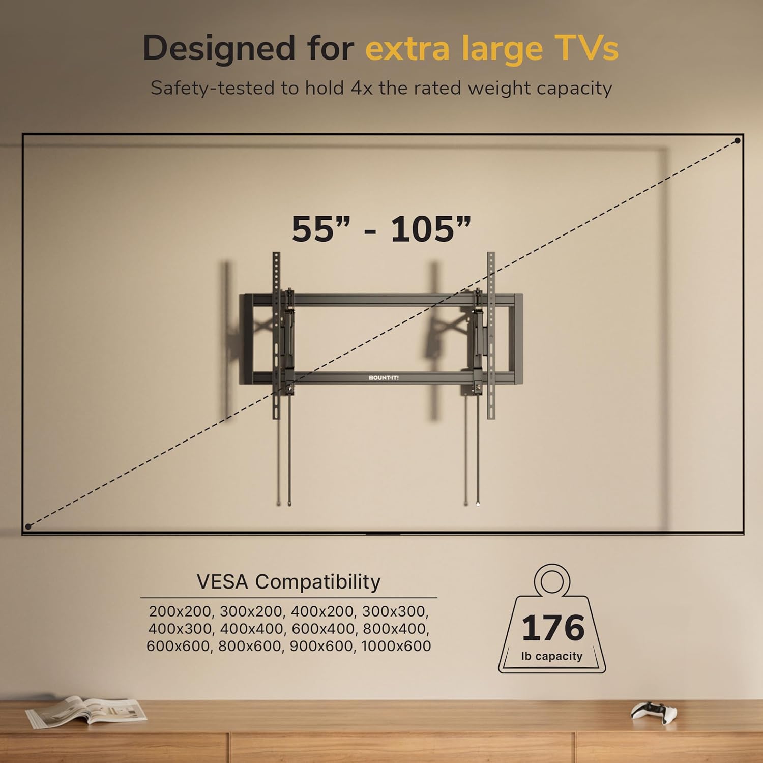Mount-It! Advanced Extendable Tilt TV Wall Mount for 55–105 Inch TVs, Low Profile 2.1” Heavy-Duty Bracket with 6.8” Extension, Tilt & Swivel, Universal VESA up to 1000×600 mm, Fits 16/24/32” Studs