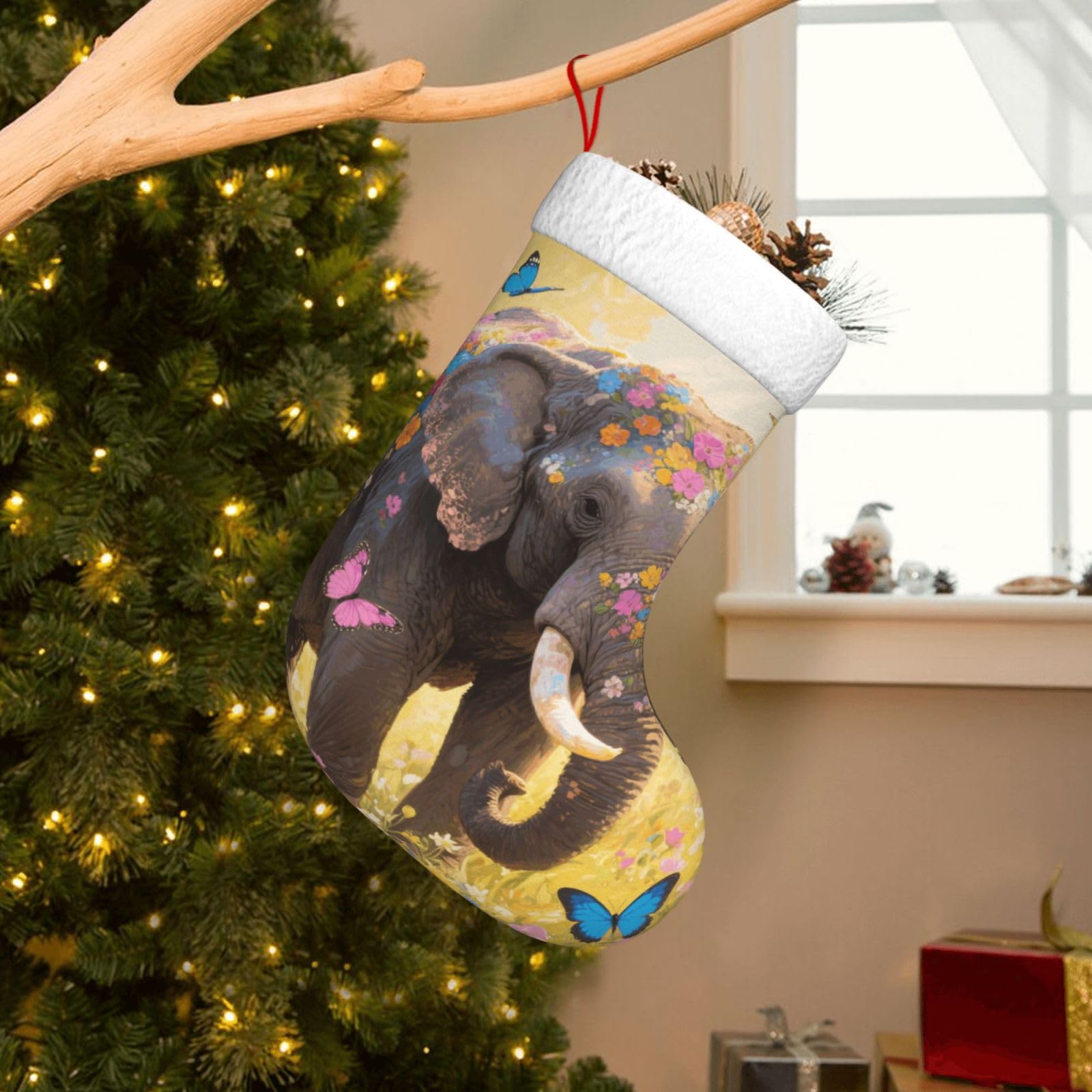 Velvet Christmas Stockings 17.7 Inch, Butterfly Elephant Xmas Stocking with Soft Cuff,Classic Personalized Christmas Tree Decoration for Family Holiday New Year Party Supplies