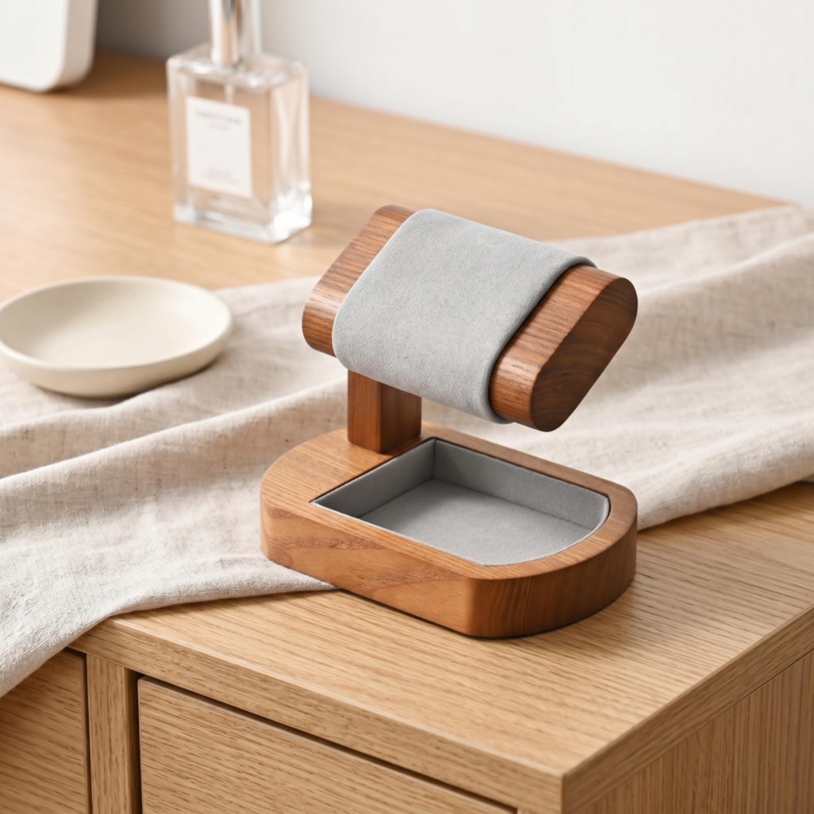 Supporto Orologio Espositore Portaorologi Stand Salvaspazio Base Legno Cradle Imbottita Microfibra a 360 Gradi Adatto a Comodino Toeletta Banco