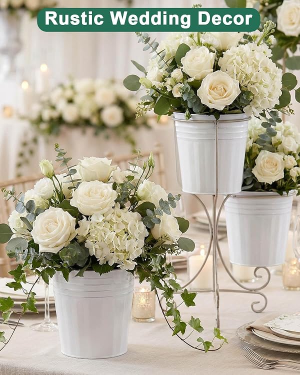 6 Inch White Metal Rustic Flower Pots - 6Pcs Galvanized Planters with Drainage Hole and Rubber Plug, Rustproof Metal Bucket Plant Pots Farmhouse Vintage Style for Decor by vensovo - Image 6