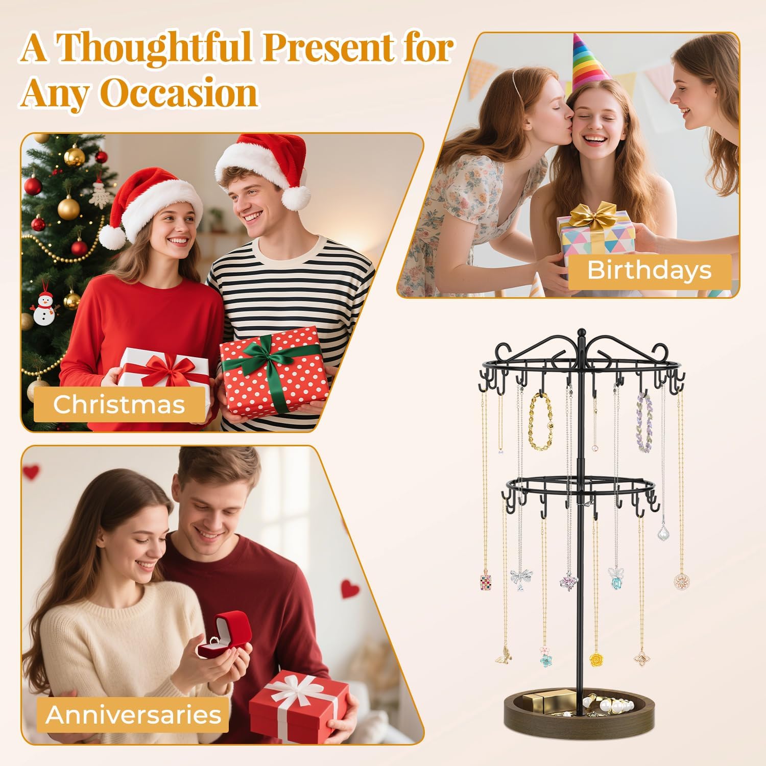 EsLuker.ly Necklace Holder Organizer Rotating Display Stand, 2 Tier Adjustable Height Necklaces Hanger Tree Tower with 42 Hooks, Metal Jewelry Storage Rack with Wooden Tray for Women (Black+Brown)