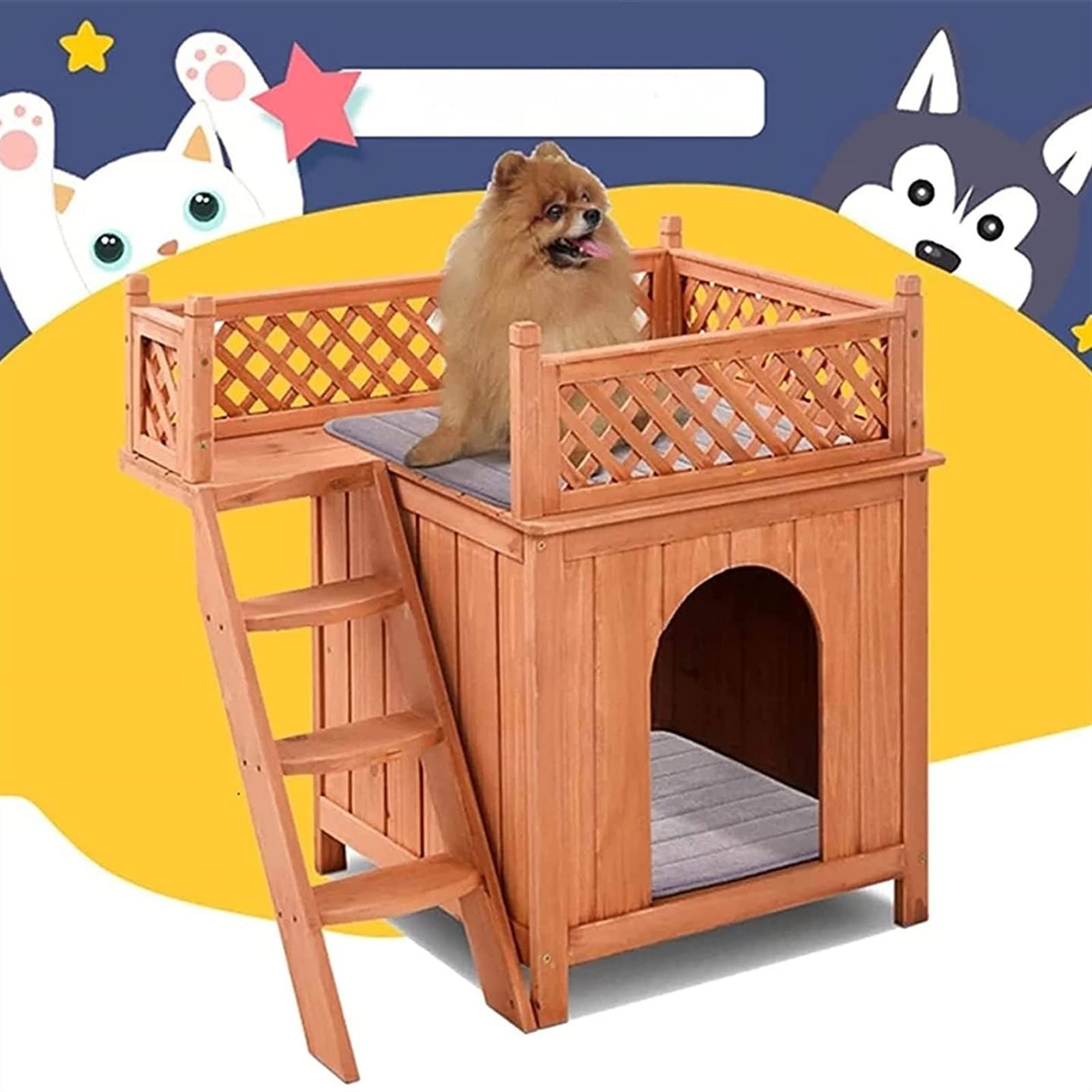 Pet Dog House Drewniany pokój dla psa Schronienie ze schodami Podniesiony dach i łóżko balkonowe do użytku wewnątrz i na zewnątrz Drewniany domek dla psa