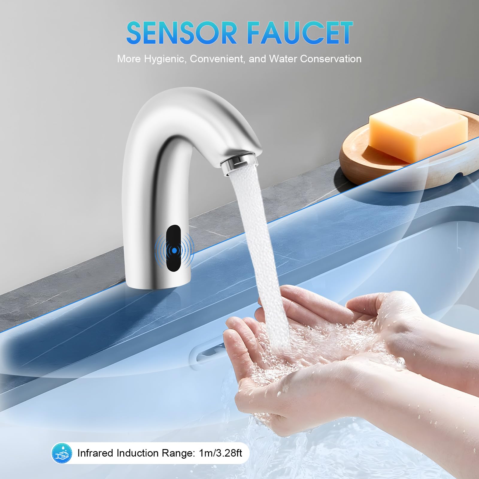 MINRS - Rubinetto con sensore a infrarossi, miscelatore automatico a induzione, miscelatore per lavabo a freddo automatico senza contatto per bagno, rubinetto per lavabo