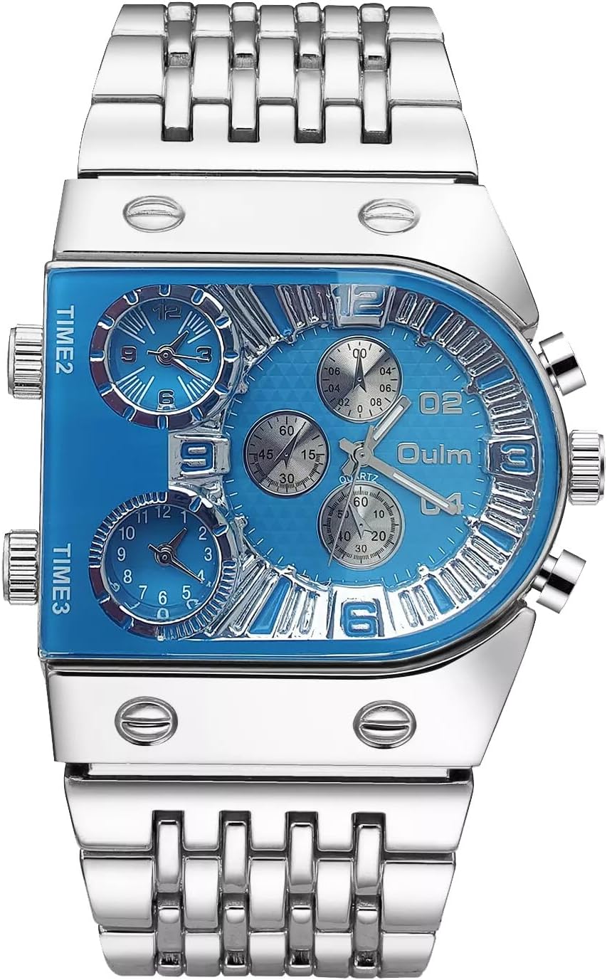 CARLIEN Men’s Luxury Rectangle Square Gold Silver Big Face Luminous Waterproof Quartz Watch Sports Multi-Time Zone Military Stainless Steel Male Dress Wristwatch