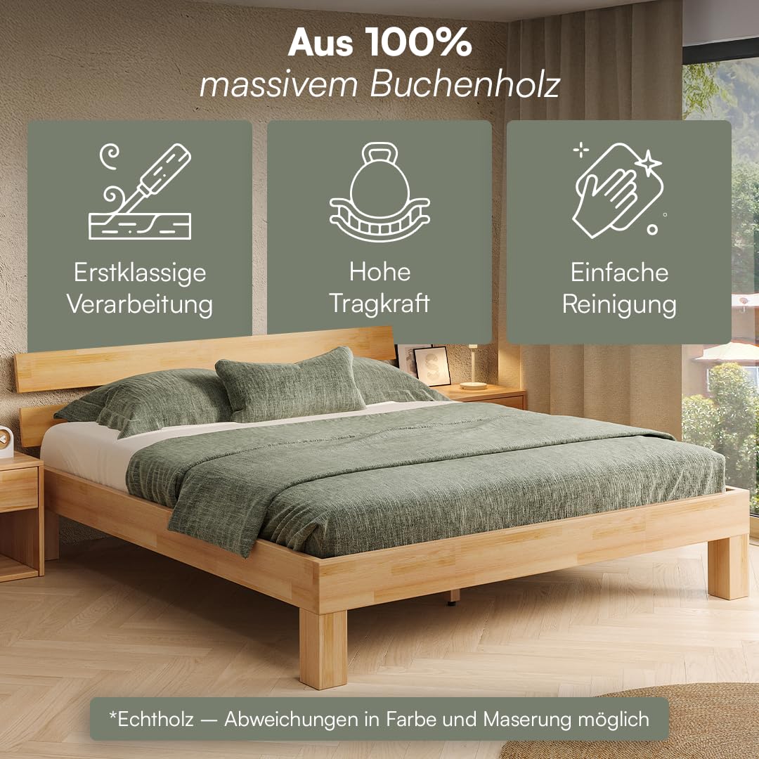 skølm Floki Massivholzbett 180x200 cm aus Buche - hochwertiges Bettgestell - Bettrahmen mit Bettkopf - Holzbett in Natur geölt - Bettrahmen geeignet als Doppelbett - Futonbett - Schlafzimmer Bett