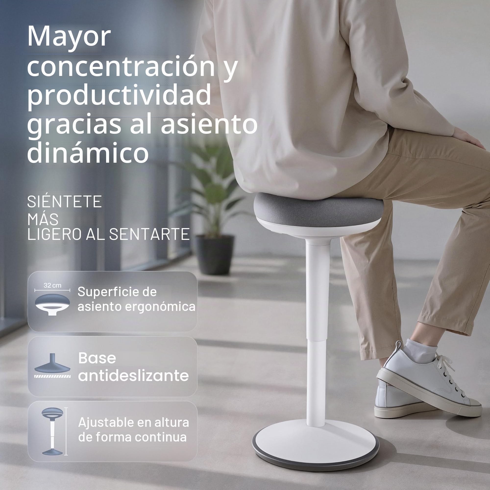 Taburete de oficina Ergonómico [Certificado] Taburete 2 en 1 y taburete de pie taburete ergonómico ajustable en altura blanco para oficina y escritorio - Taburete ondulado + silla de péndulo