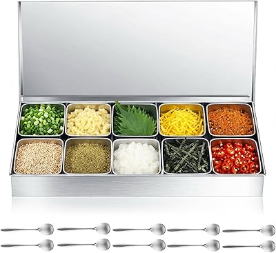Boao 10 Compartment 304 Yakumi Pans Stainless Steel Seasoning Condiment Container with Lids Spoons, Japanese Yakumi Pans Mini Sauces Salad Dressings Storage for Food, Herbs, Spices