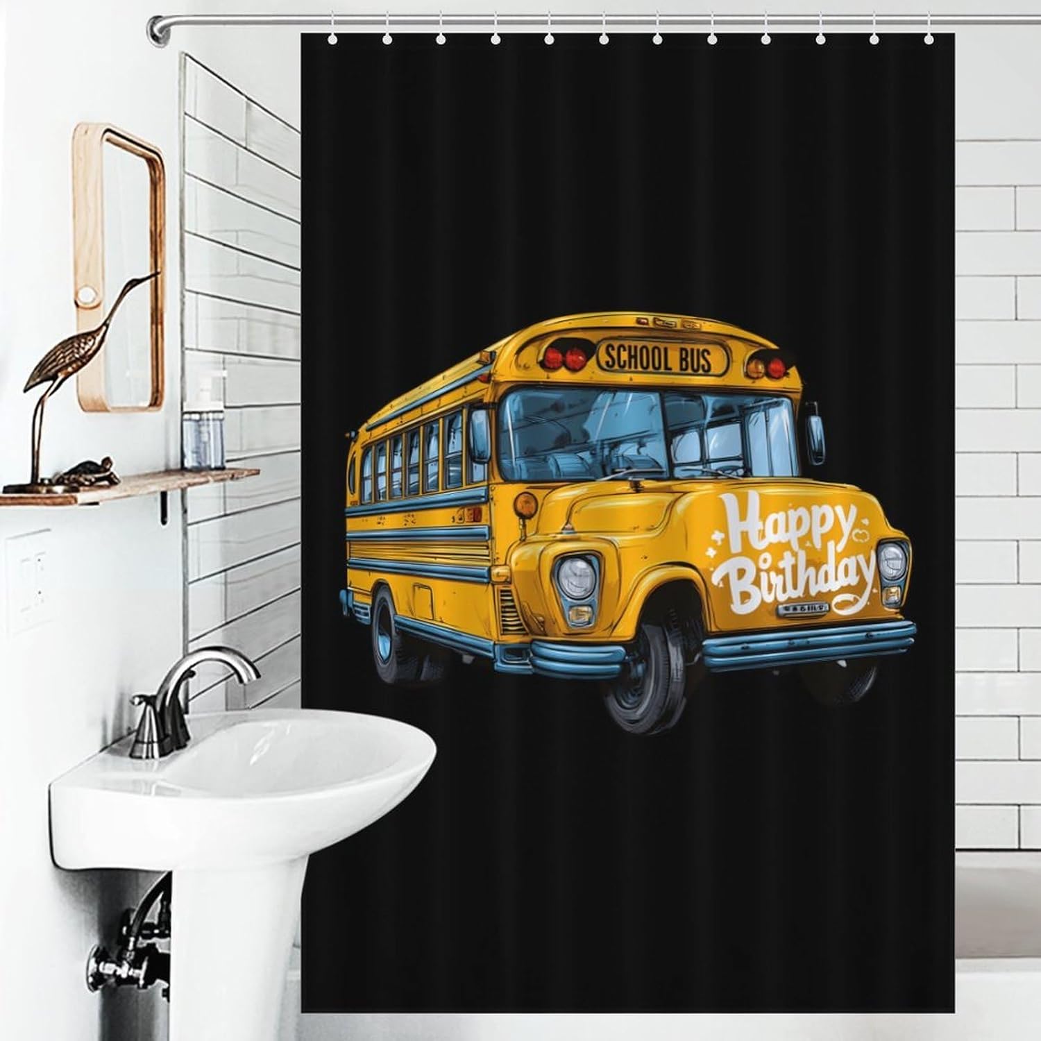 School Bus Happy Birthday Shower Curtain 46.85x70.87Inch（119x180cm） Polyester Bath Curtain Shower Curtains Printed Decorative