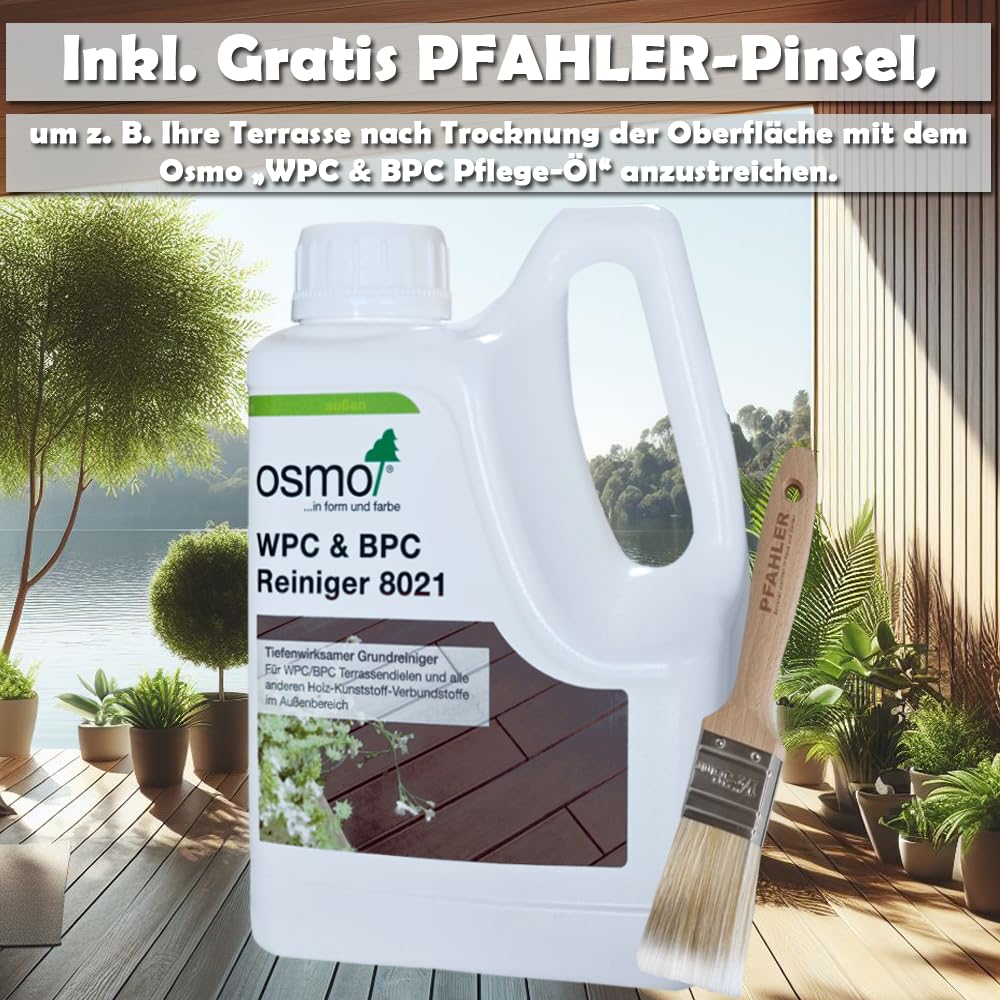 OSMO WPC & BPC Reiniger 1L 8021 Inkl. Gratis PFAHLER-Pinsel. Tiefenwirksamer Grundreiniger für WPC/BPC Terrassendielen und alle anderen Holz-Kunststoff-Verbundstoffe