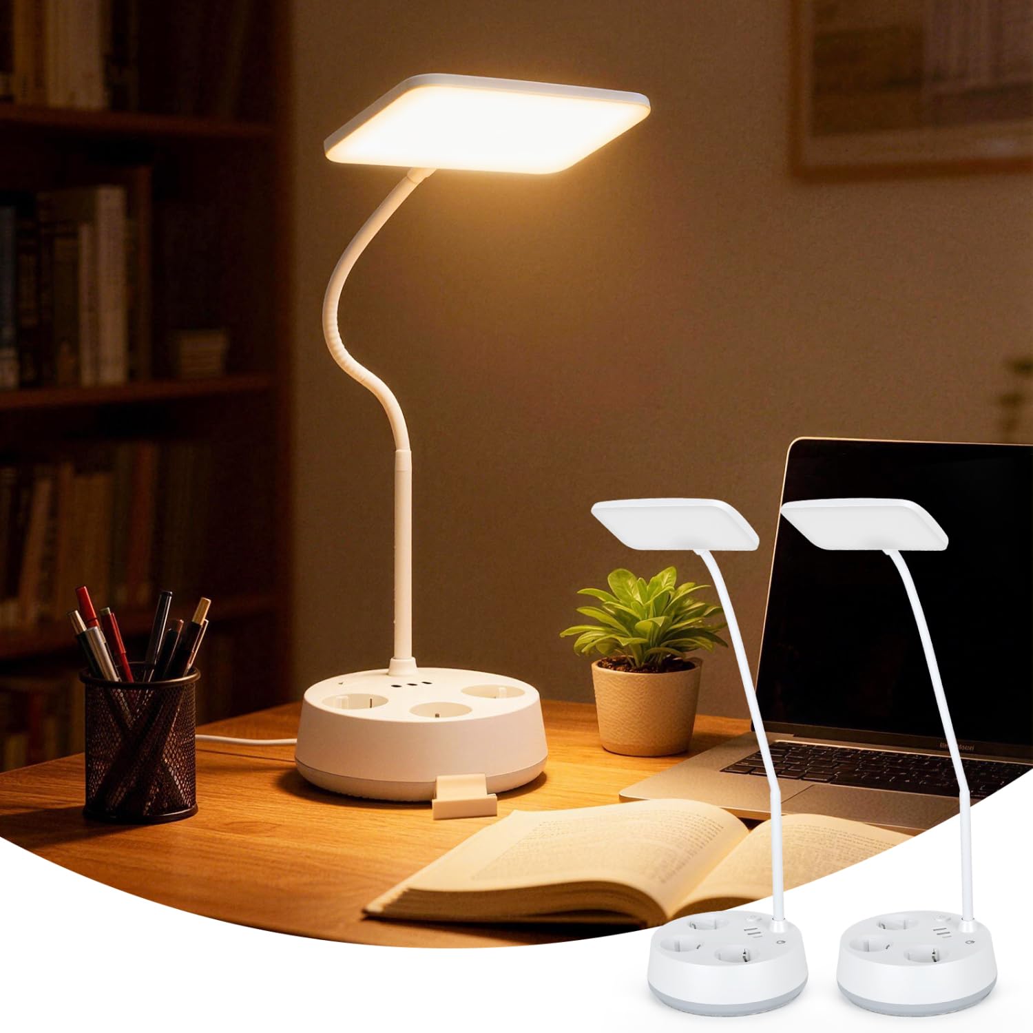 Aigostar Lámpara de Escritorio con Enchufe y Tomas de Corriente, 2 Uds | Salida USB y Tipo C, Lámpara de Lectura Táctil, 3 Colores y Atenuación Continua, Cuello de Cisne, para Oficina Dormitorio