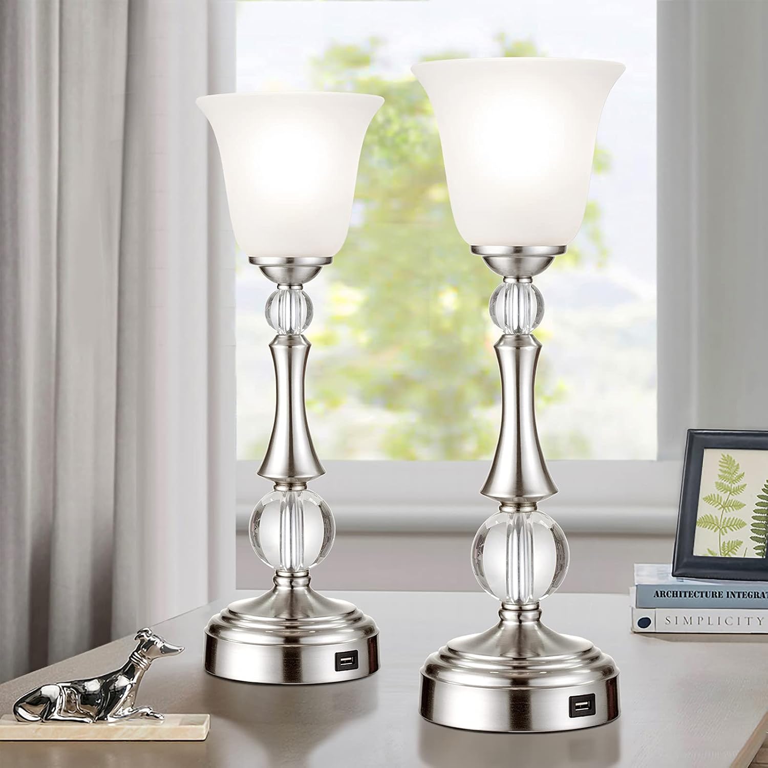 Touch Control Set of 2 Crystal Table Lamps with USB Charging Port, Bedside Nickel Desk Lamp and White Glass Shade for Bedroom Nightstand Living Room Side Table End Table, LED Bulb Included