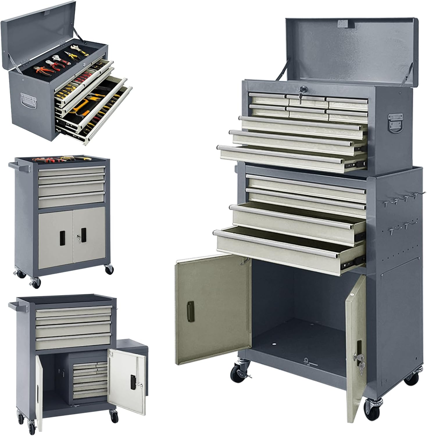 13-Drawer Rolling Tool Chest with Double Door Handle, 2 in 1 Detachable Tool Chest, Large Tool Storage with Wheels, Lockable Tool Cabinet for Garage, Barbershop-Gray