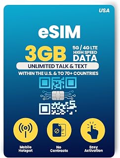 H2O Wireless 30-Day USA eSIM, Prepaid eSIM Card with 3GB High-Speed 4G LTE/5G Data & 2GB Mobile Hotspot, Unlimited Data, Talk & Text to 70+ Countries, US Mobile SIM Card for Cell Phones