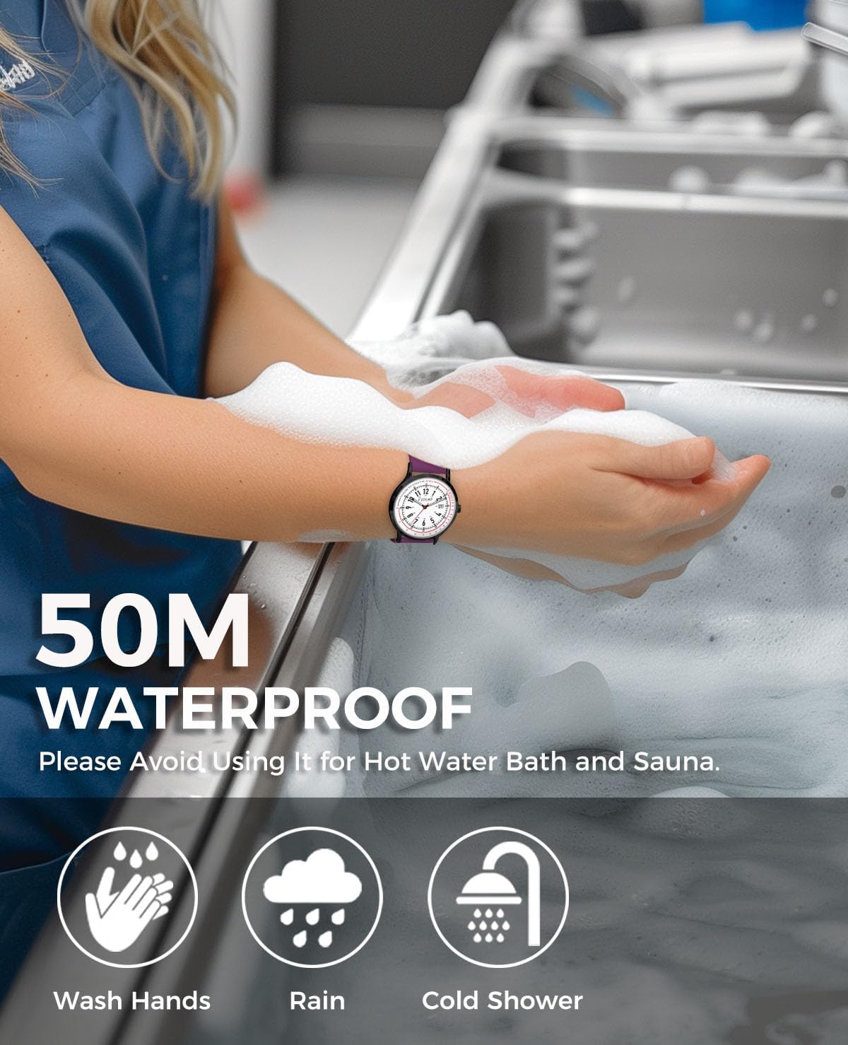 Nurse Watch Pulsometer Unisex, 50M Waterproof Watches for Swimming 12/24 Hour Military Time Luminouse Easy Read Dial - Image 4