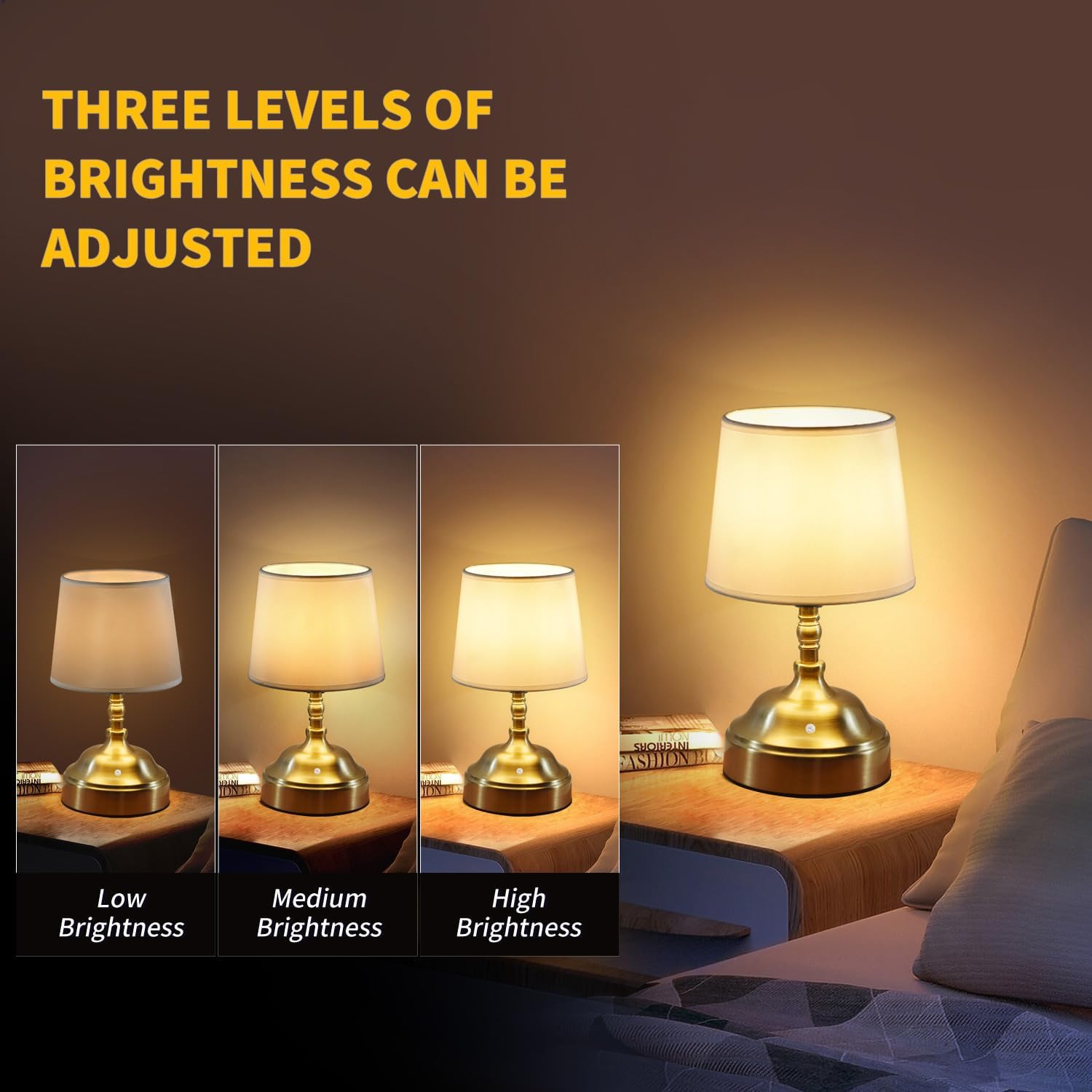 Small Lamp, Cordless LED Table Lamp with Dimmer，4500mAh Rechargeable Lamp，3-Level Brightness,Patio, Bedside, Restaurant,Gold.