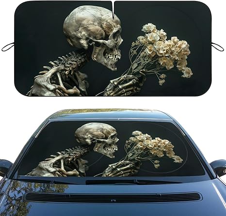 Gothic Skull Car Windshield Sun Shade - Flower Art Skeleton Heatshield Blocks UV Rays Sun Visor Protector for Sedan Truck SUV - 59