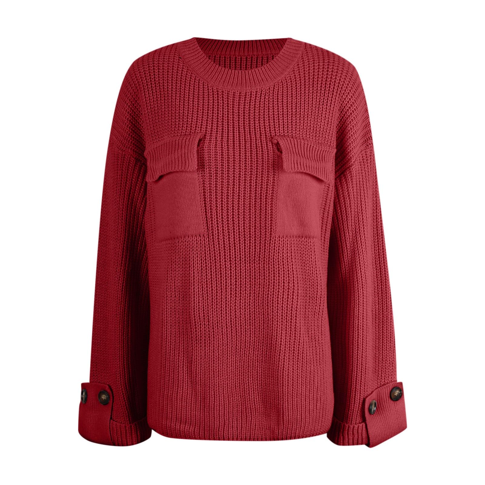 Damen Oversize Strickpullover Langarm Pullover Lockere Passform Taschen Tunika Top Weich Bequem Rundhals Winter Herbst