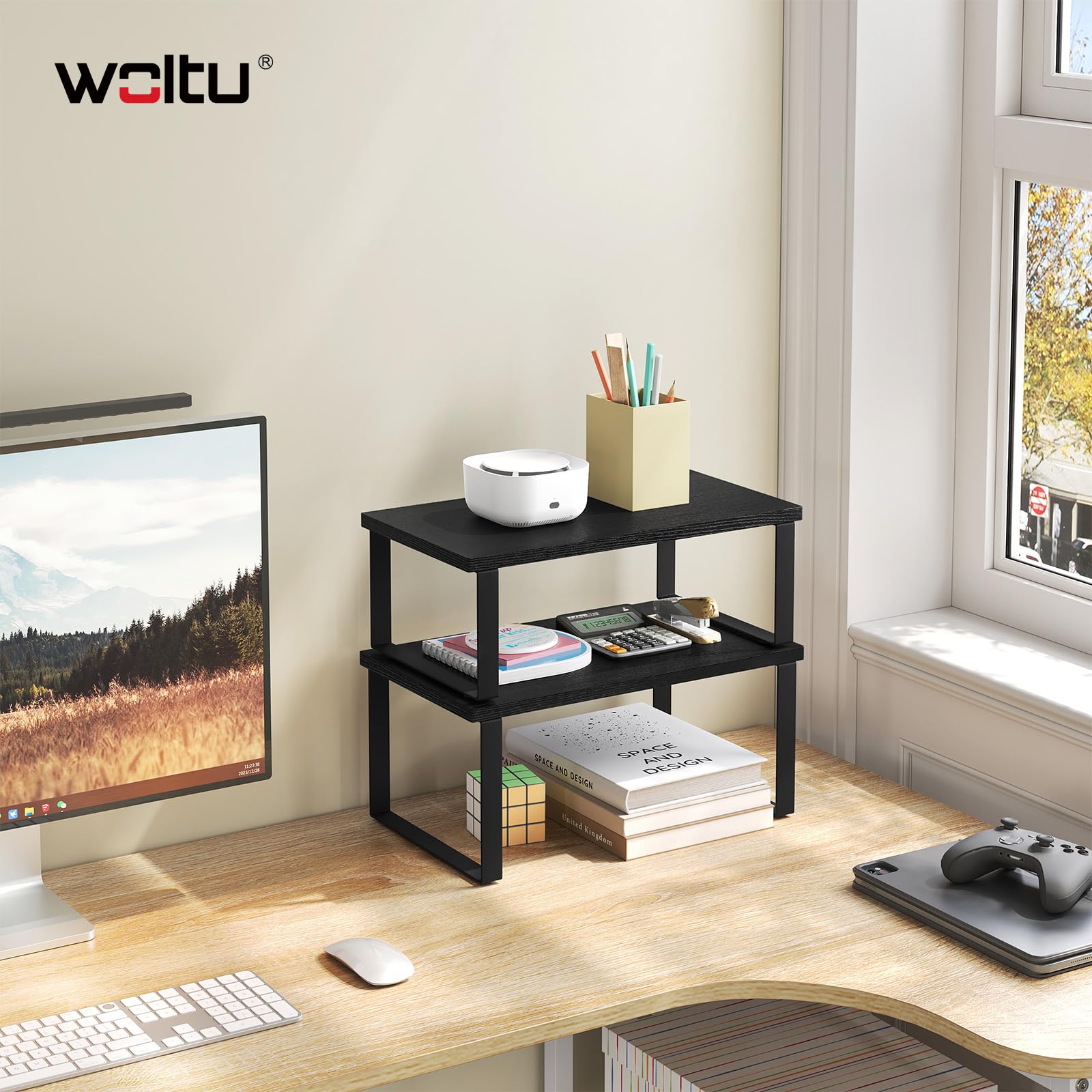 WOLTU Set di 2 Scaffali da Cucina, Porta Spezie Impilabili, Organizer da Cucina in MDF, Scaffali Indipendenti per Armadietti, 34x19,5x15,5+34x18,5x12,5 cm, Nero