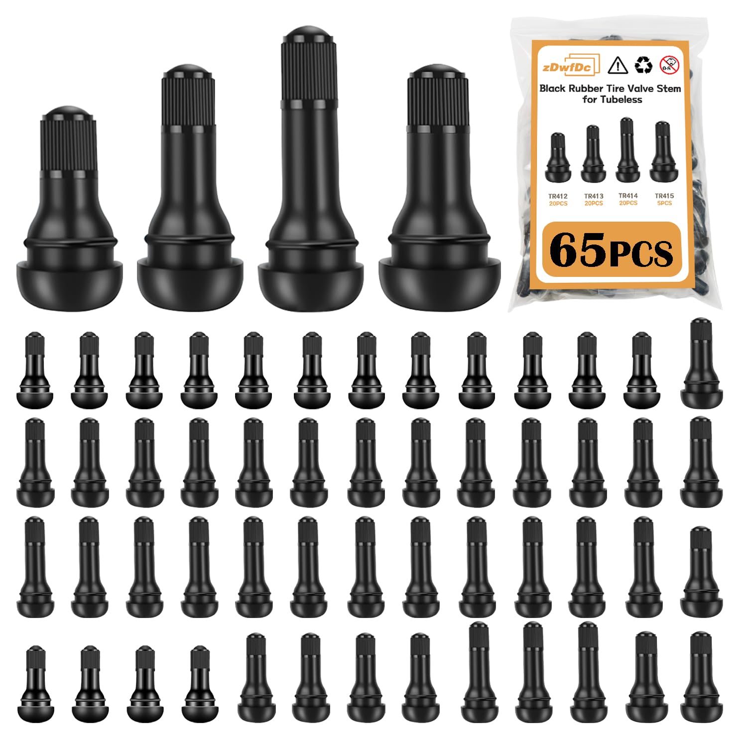 65 vástagos de válvula de neumático TR412-415 vástago de válvula sin cámara, vástago de válvula de goma, vástago de válvula a presión, negro, longitud estándar, repuesto para agujeros de llanta