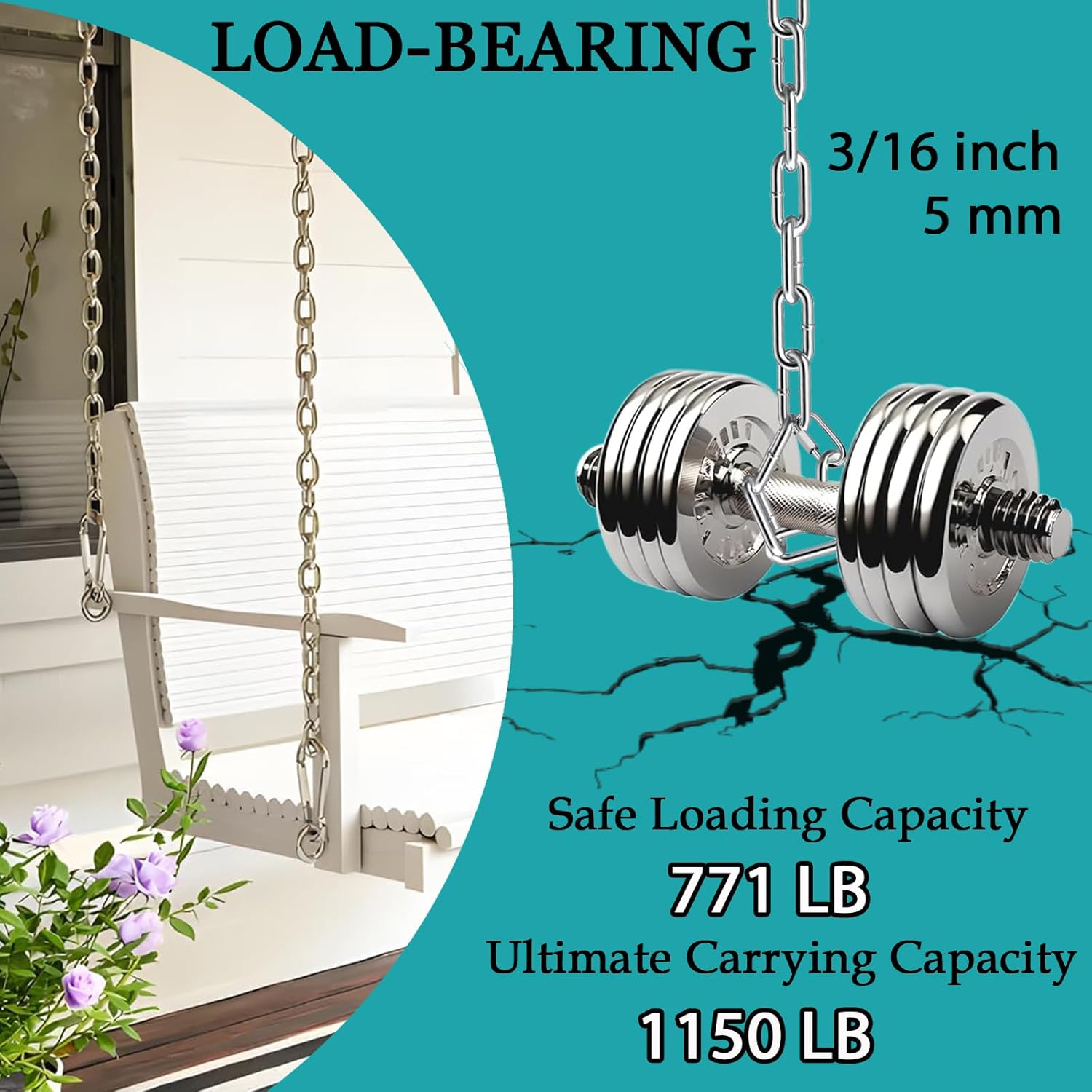 304 Stainless Steel Chain Twours Metal Small Light Chain Heavy Duty Weight Chain for Flower Pots Camping Sandbags Hanging Swings Vehicle Traction (3/16"(5mm)-9.84ft)