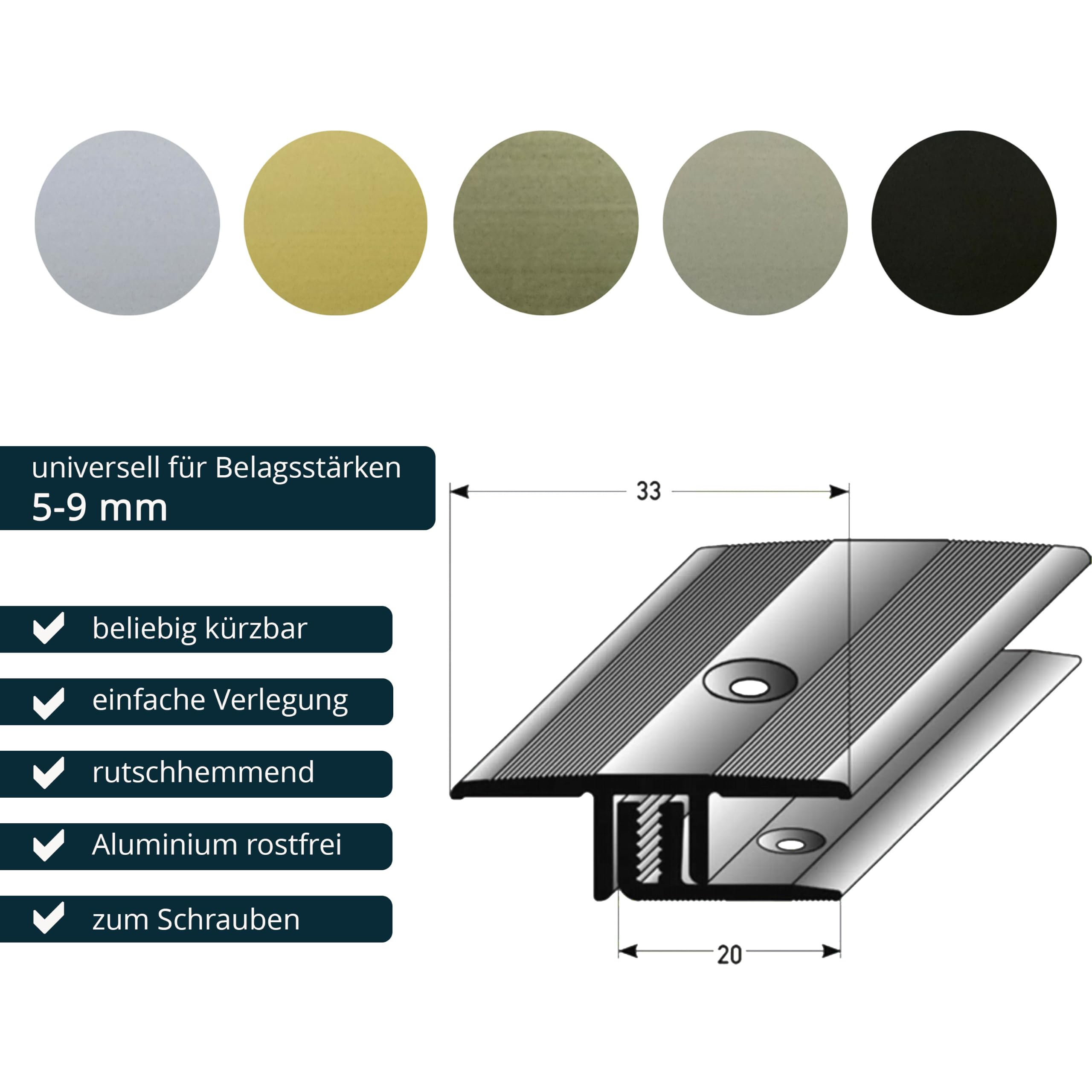 Perfil de transición ufitec® TPL Profi para parquet y suelos laminados - Ancho de cobertura: 33 mm - en dos piezas, atornillable y apto para espesores de suelo de 5 a 9 mm