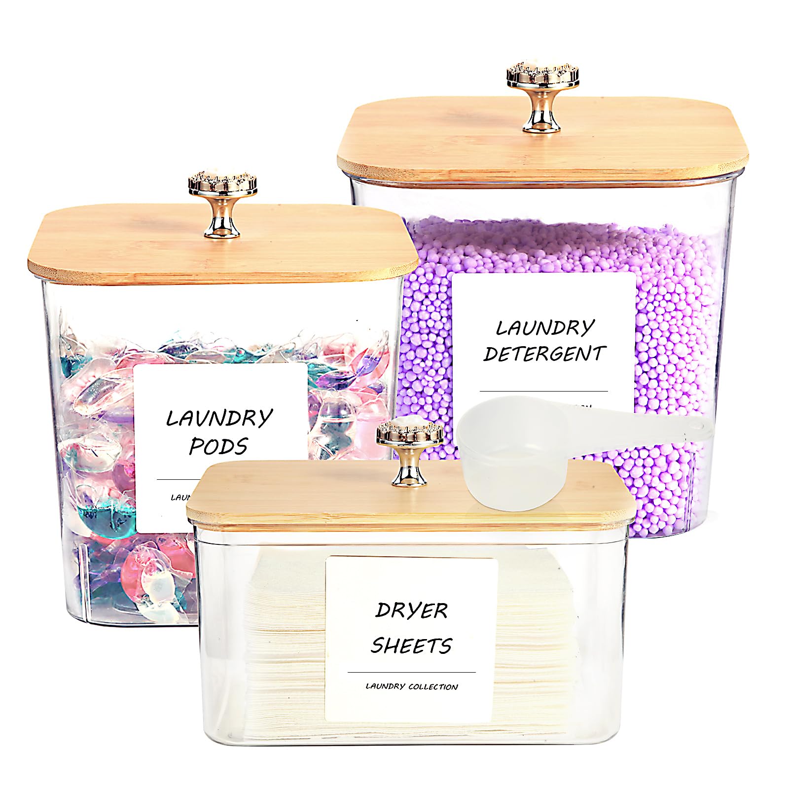 Photo 1 of ***MISSING ALL LIDS**** PLOUTA HOME 3 Pack Laundry Room Organization Storage Containers, Plastic Clear Laundry Pods Container & Dryer Sheet Holder Jars with Lids, Scoops & Labels for Detergent, Powder, Dryer Balls, Beads