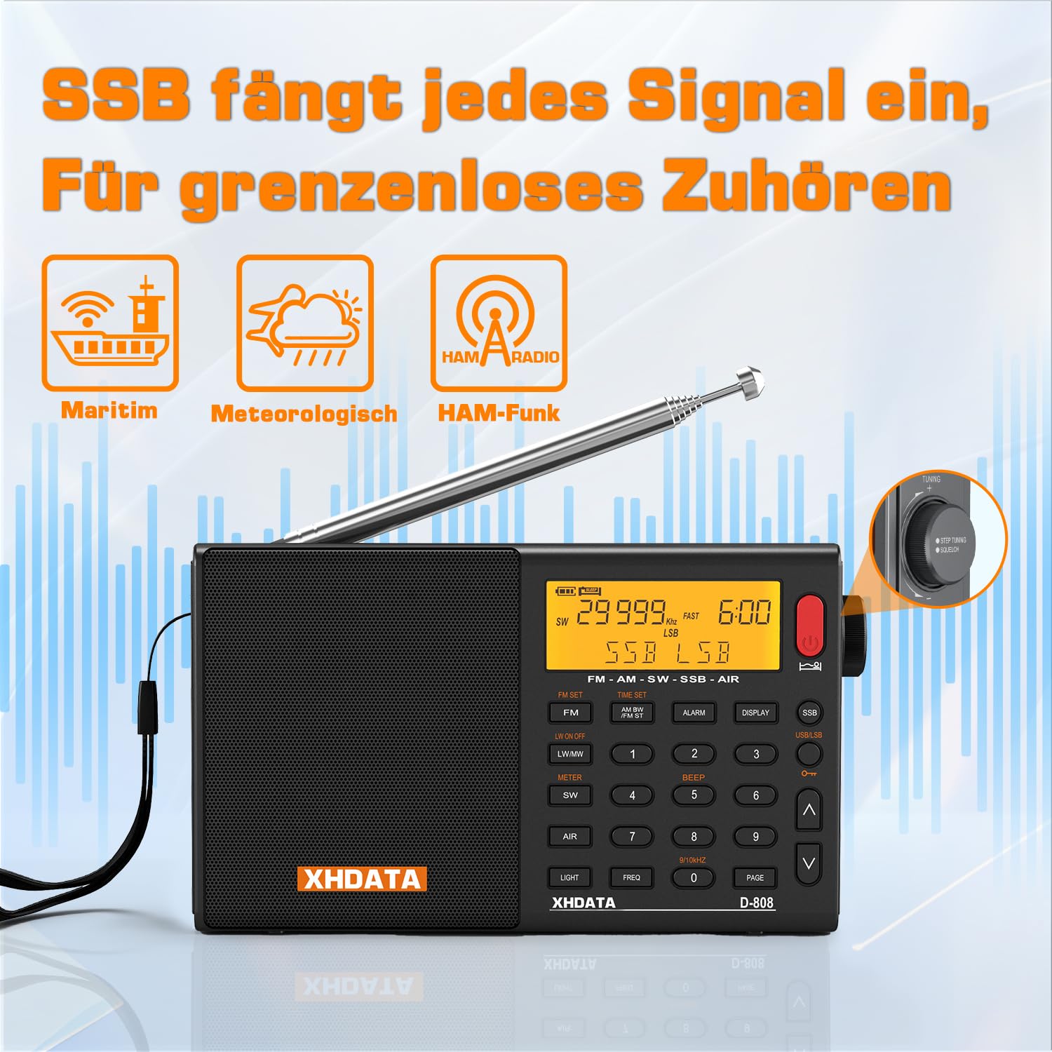 XHDATA D808 Tragbares Digitales Radio, Weltempfänger Radio, Kurzwellenempfänger, UKW-Stereo/KW/MW/LW SSB Air Band Weltempfänger, RDS, Radio batteriebetrieben, mit Externer Antenne (Schwarz)