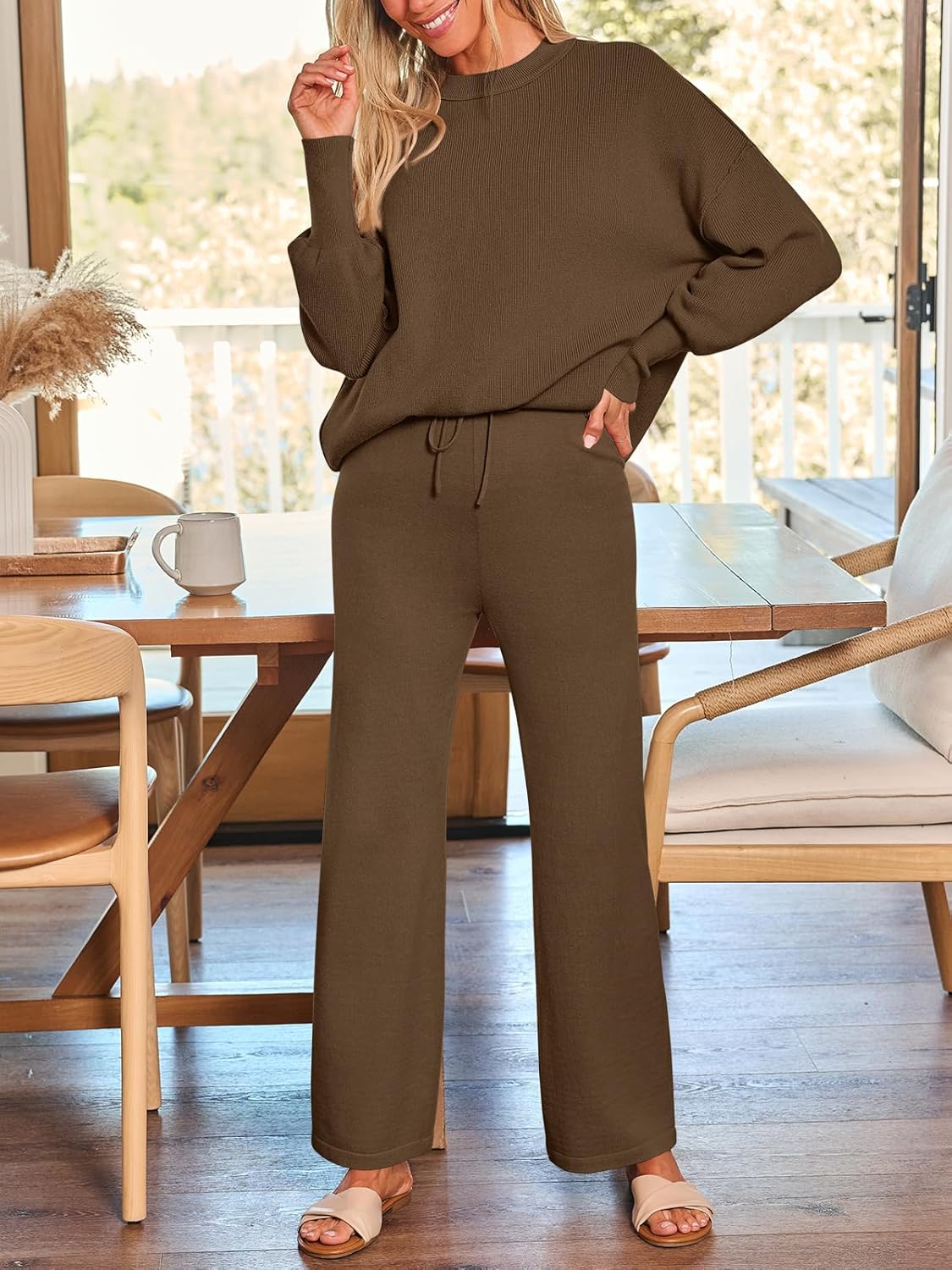LILLUSORY Women 2 Piece Outfits Sweatsuit Oversized Knit Pullover Sweater Tops Wide Leg Pants Lounge Set