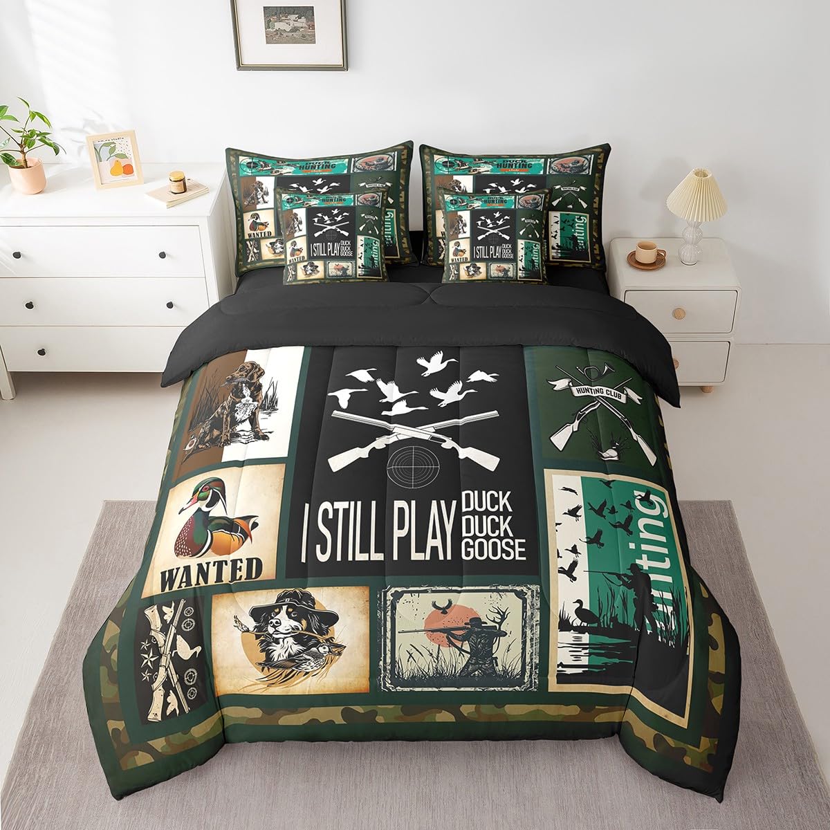 7 Piece Duck Hunting Bed in a Bag Full for Hunting Theme Sheet Set, Rustic Farmhouse Theme Bedding Set with Comforter for Adult Boys Girls Duck Hunting and Fishing Hunting Theme Cushion Covers