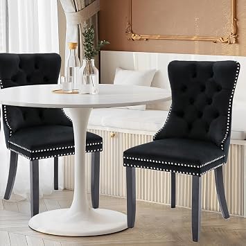Velvet Dining Chairs Set of 2 Upholstered Tufted Dining Room Chair Kitchen Side Chairs with Nailhead Trim and Wood Legs for Dining Room,RestaurantBlack