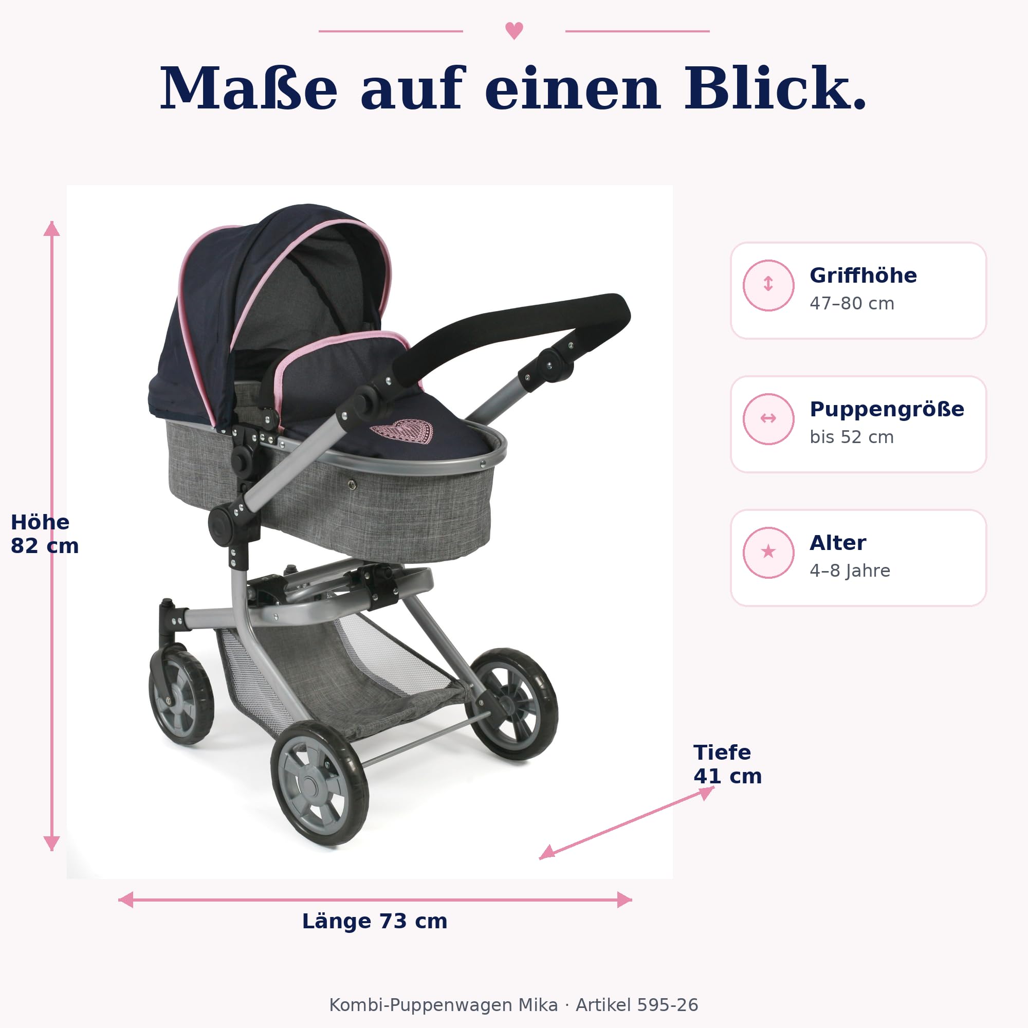 Bayer Chic 2000 Poussette poupée Mika 2 en 1 Pliable et réglable | Poussette poupée 2 en 1 pliable avec poignée réglable (47-80 cm), pour poupées jusqu'à 52 cm.