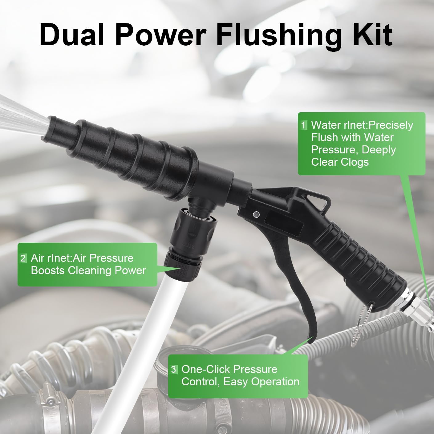 Coolant Flush Gun - heater core flush kit with Lever Action Air,Includes Garden Hoses, with Multi-Size Nozzles for 19-40mm Hoses, for Automotive Coolant System Flush,Heater Core Cleaning