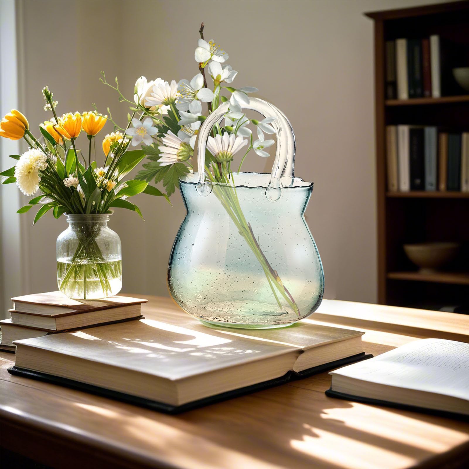 Vase de sac à main en verre avec poignée pour décoration de mariage, décoration d'intérieur, vase pour fleurs, sac à main, vasque, centre de table, arrangement floral (#3)
