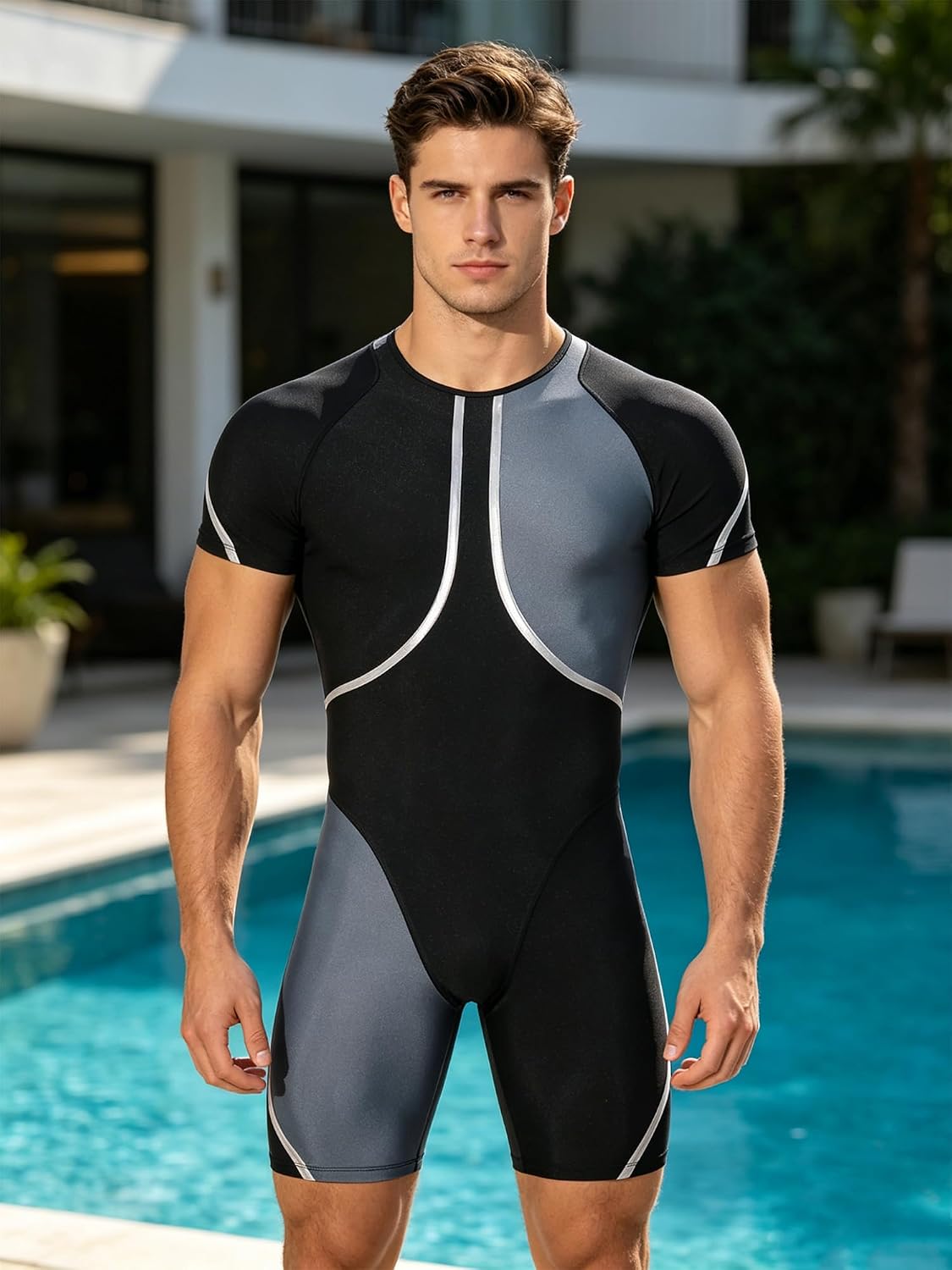Yhong Men Colorblock Boxing Tights Spandex Half Body Suit | Slim Fitness Mankini Jumpsuit,Boxers Wrestling Singlets,Color Contrast Panel,Competitive Swimming Bodysuit,Gays Romper