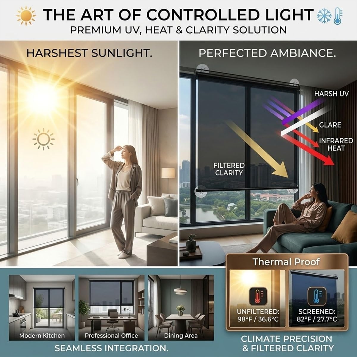 Rideau Enrouleur Thermique Transparent, Film Vitrage Miroir Unidirectionnel, Store Anti-Éblouissement sans Trou Ni Vis, Protection UV Chaleur Adhésive Salon Appartement