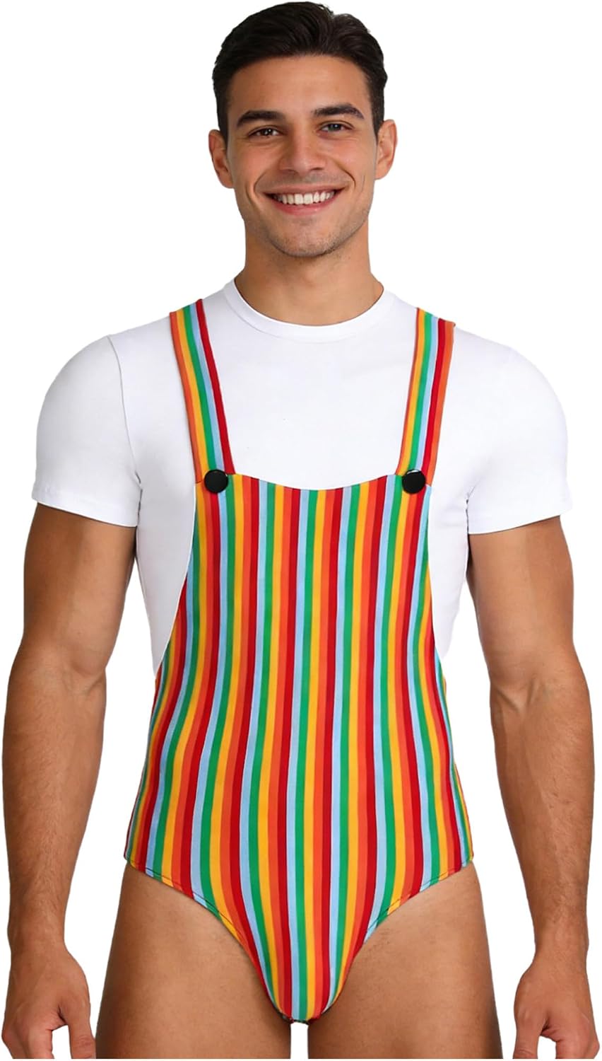 Hularka Men's Overalls-style Striped Bodysuit One Piece Lingerie Romper Singlet Party Clubwear Nightwear