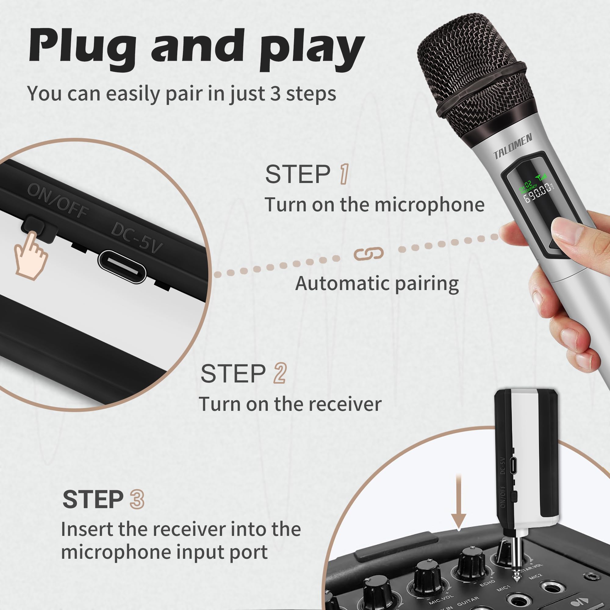 talomen Microphone sans Fil Professionnel,système de Microphone à 2.4 GHz Karaoké Dynamique Rechargeable avec Récepteur,160ft Ext,pour Karaoké,Chants,Fêtes,Soirées,DJ,Églises,Discours,K60-1 Argent